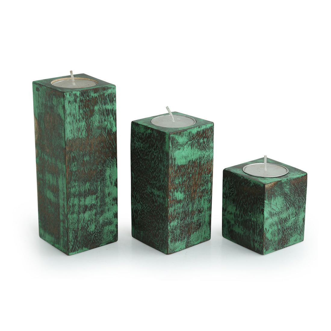 EXCLUSIVELANE 'Teal Blocks' Antique Finish Mango Wood Tea Light Holders (Set of 3) - view 3