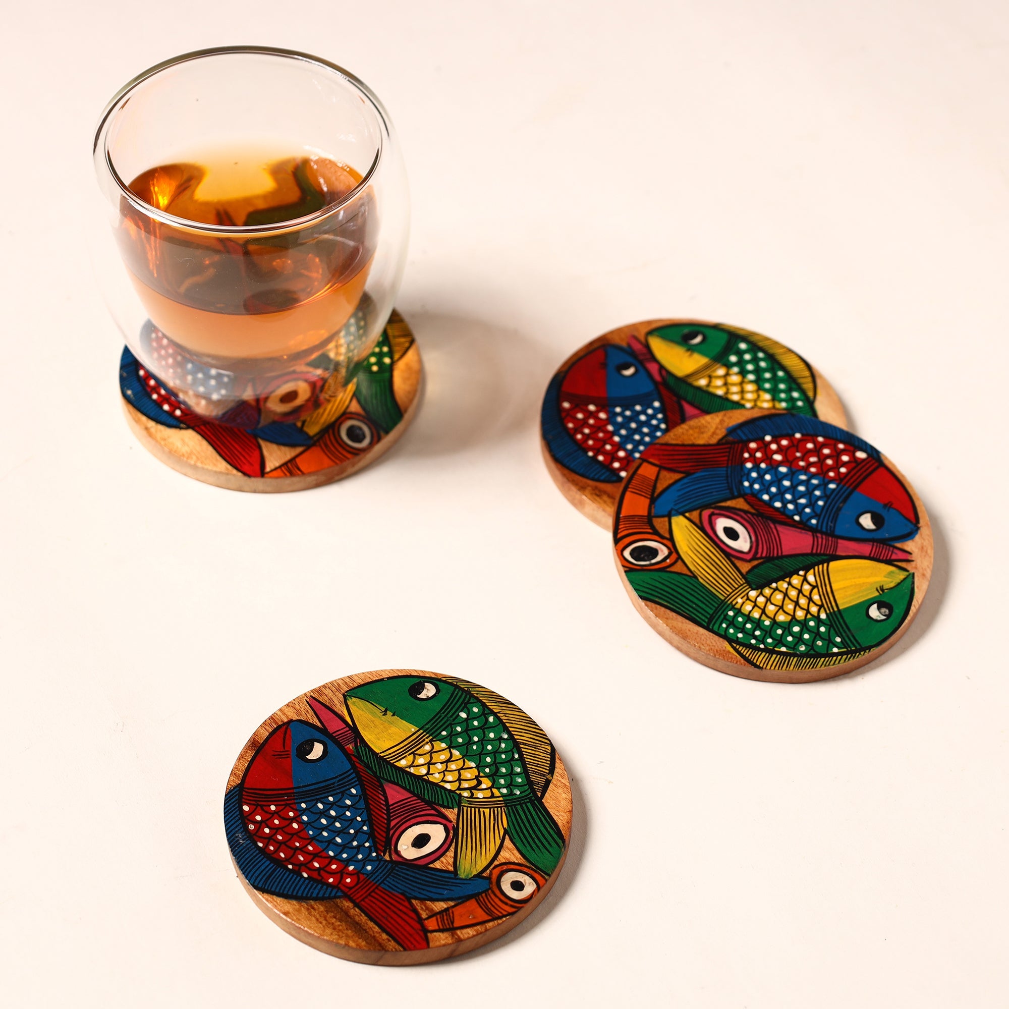 ITOKRI CRAFTS INITIATIVE Bengal Patua Handpainted Akashmoni Wooden Coasters (Set of 4) 47