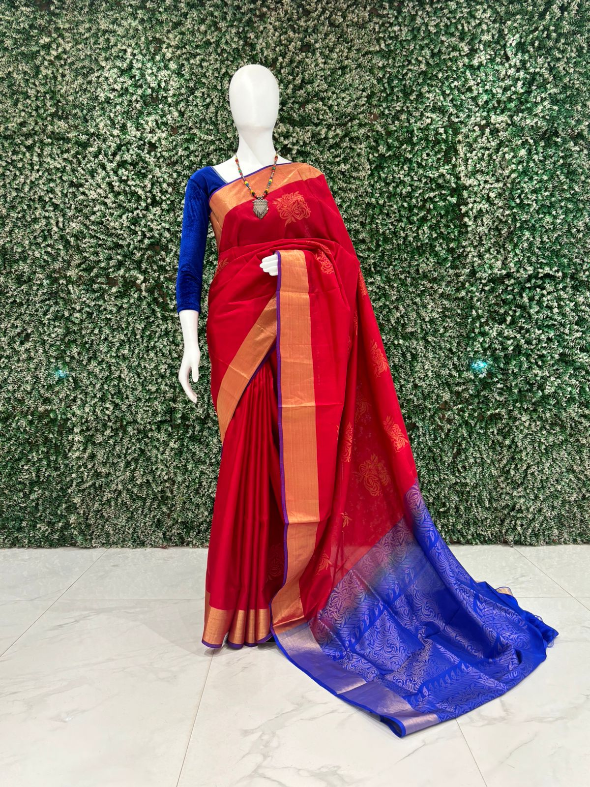 IndianVillèz Red With Blue Pure South Soft Silk Saree
