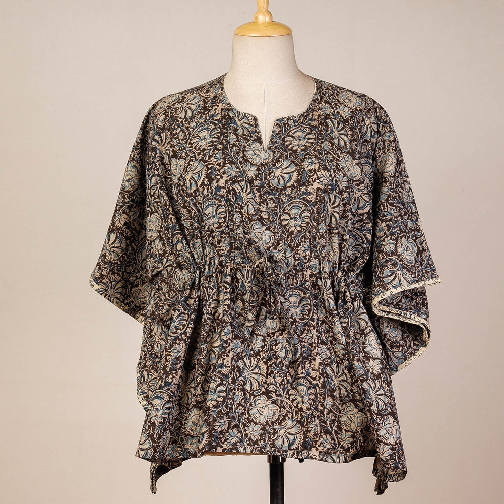 CHUTNEY CRAFT STUDIO Brown - Block Print Cotton Kalamkari Kaftan with Tie-Up Waist (Short)