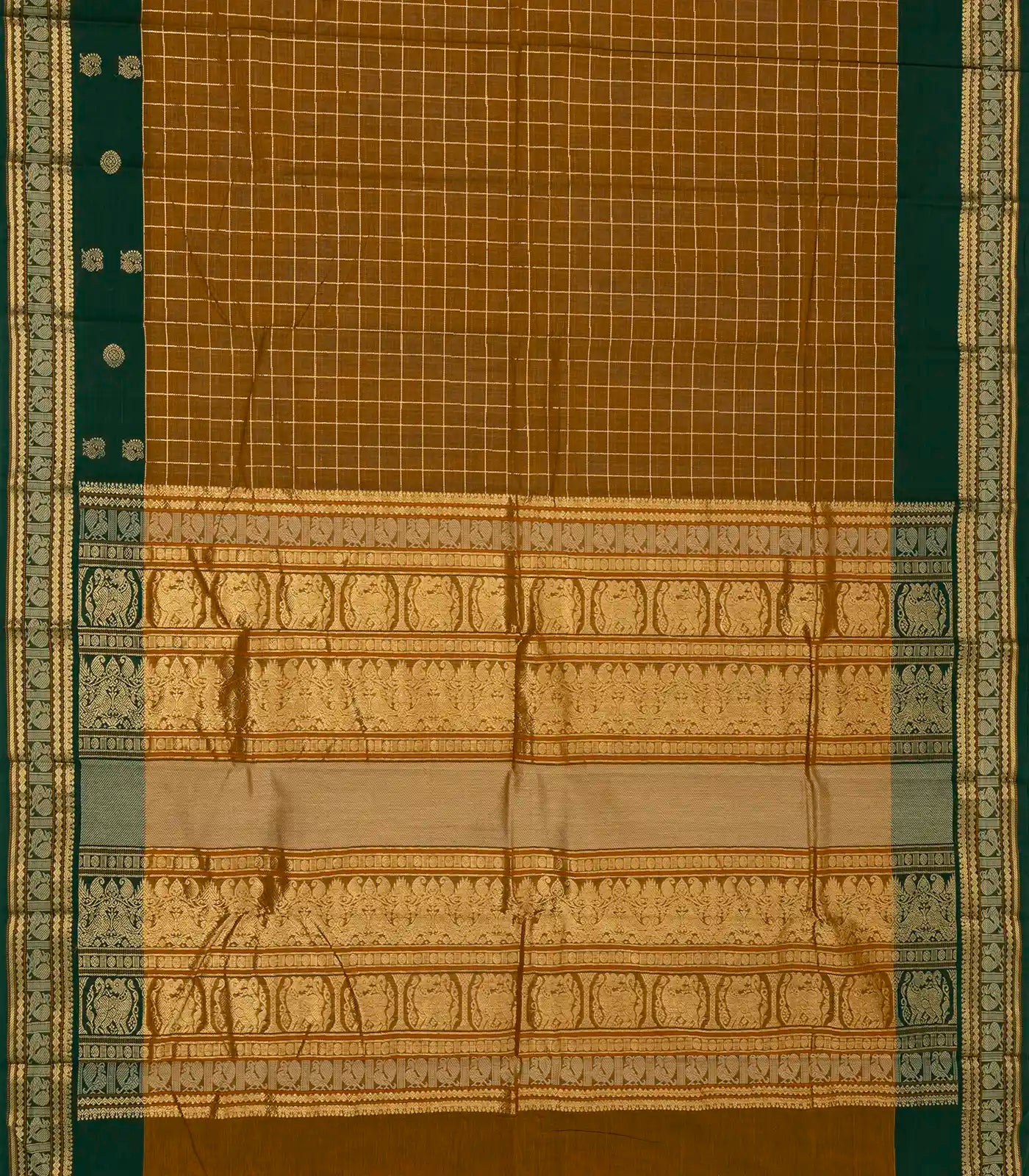 RmKV Dark Olive Handloom Kanchi Cotton Saree With Checks - view 2