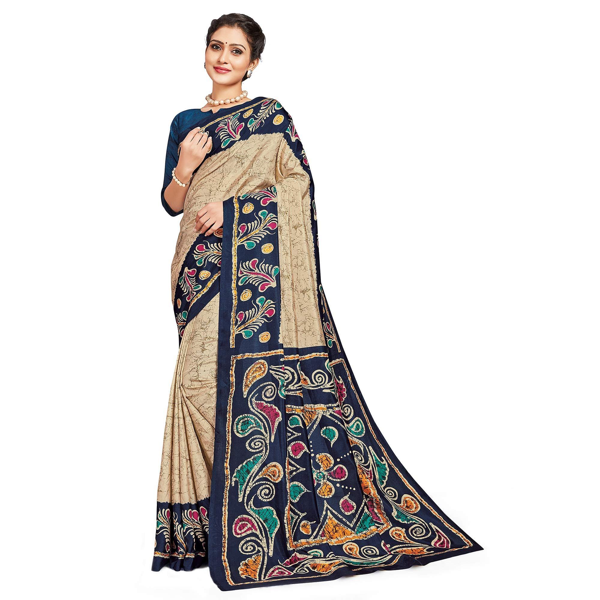 Peachmode Excellent Beige-Blue Colored Casual Printed Tussar Silk Saree