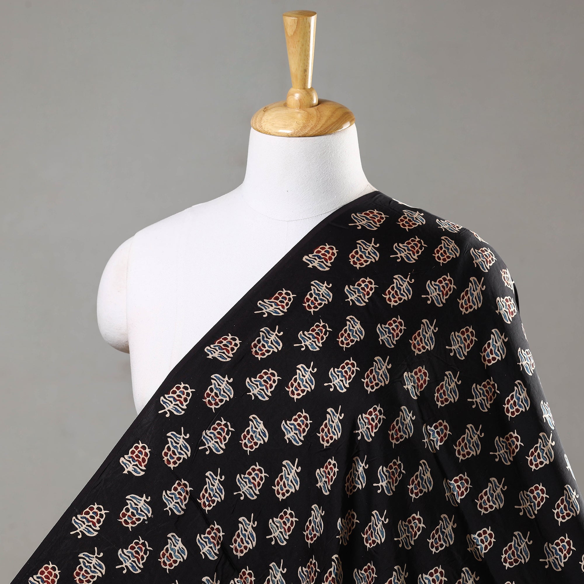 RIYAZ ABDULMAJID KHATRI - AJRAKH Black - Ajrakh Hand Block Printed Modal Silk Fabric
