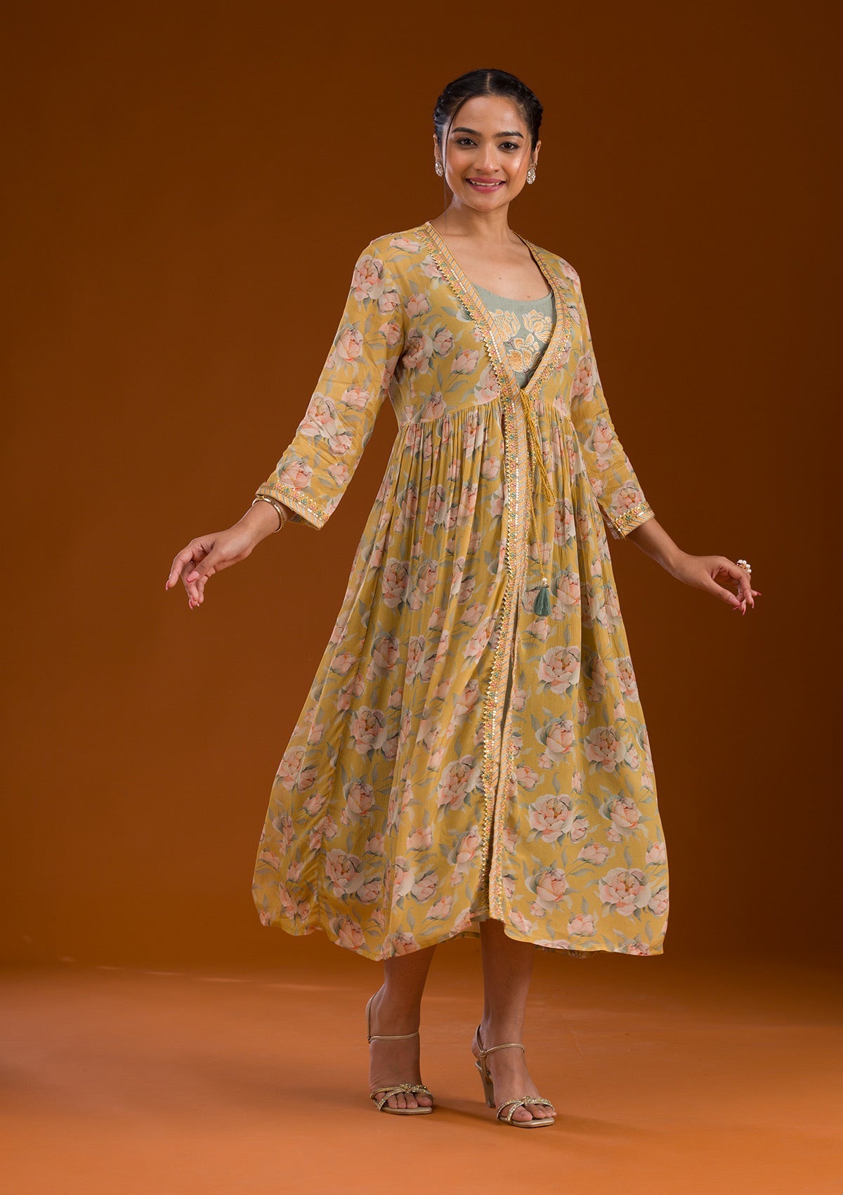 Koskii Mustard Threadwork Chiffon Readymade Salwar Suit