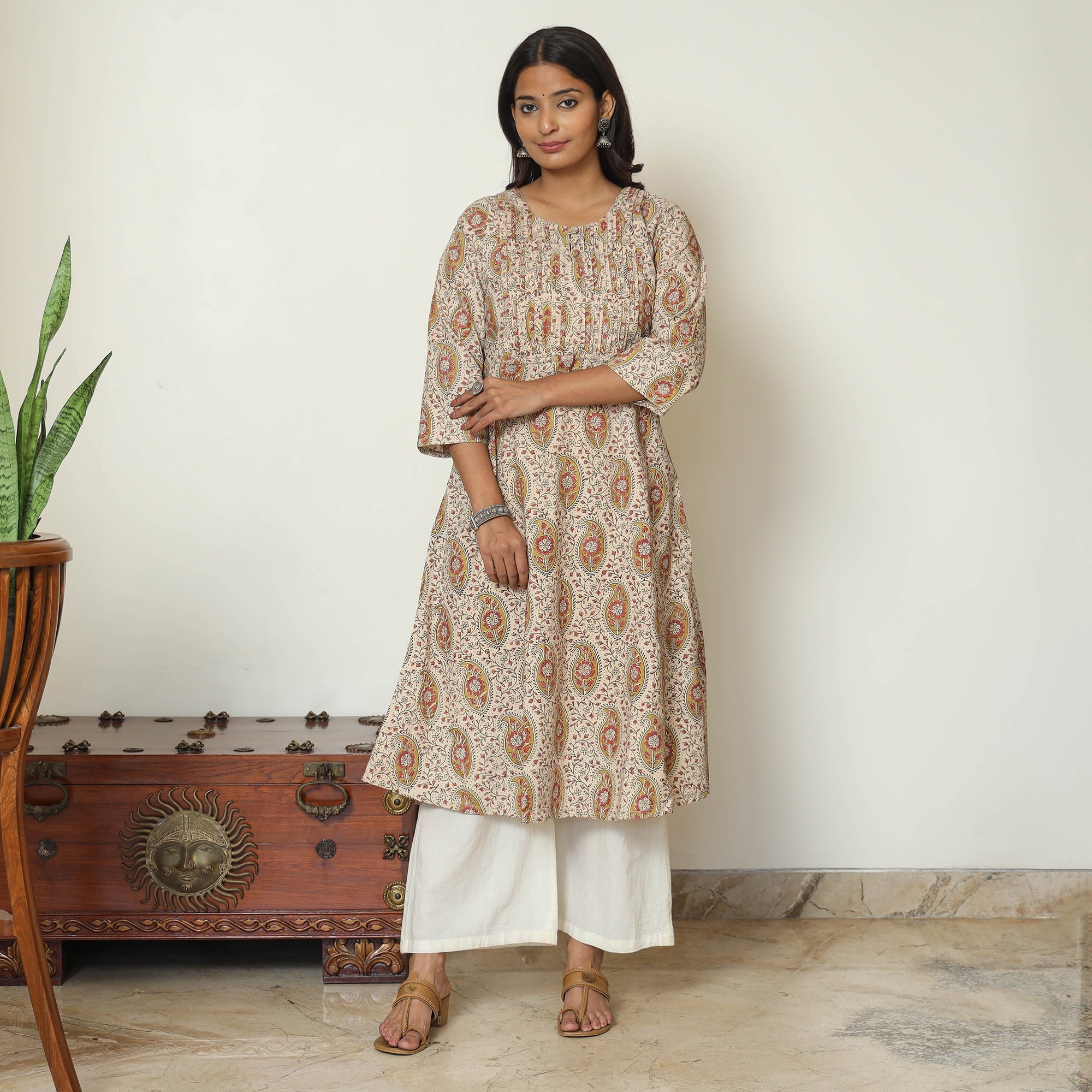ITOKRI CASUALS Beige - Pedana Kalamkari Hand Block Printed Cotton Pintuck A-Line Kurta 57 - view 2