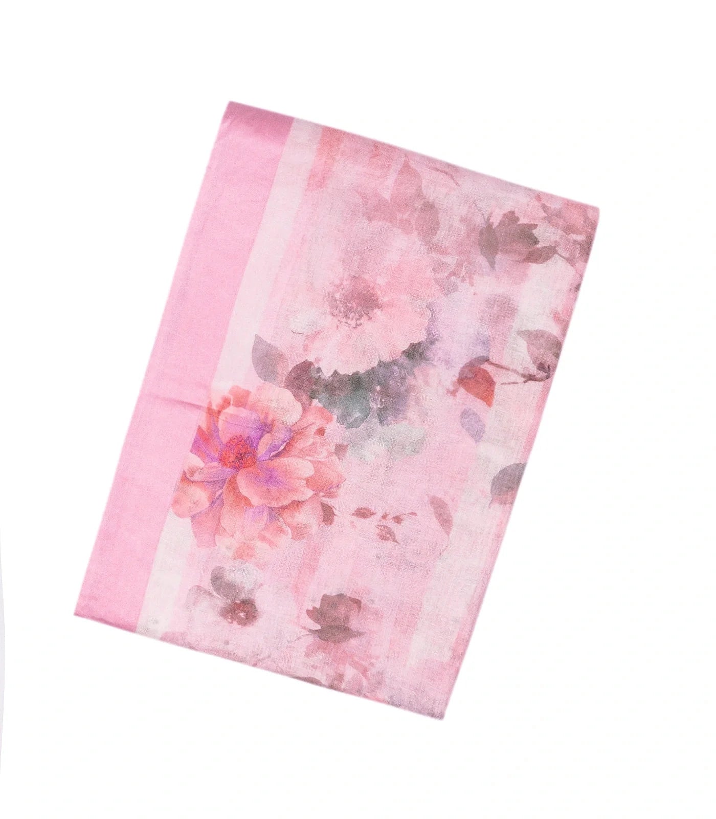 RmKV Pink Handloom Linen Saree With Printed Flowers