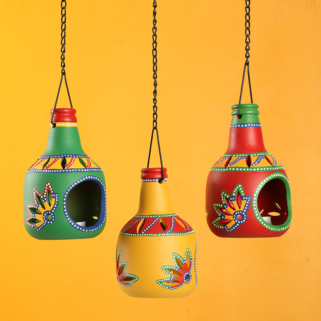 EXCLUSIVELANE 'The Bottle Trio' Handpainted Terracotta Tea Light Holders (Set Of 3)