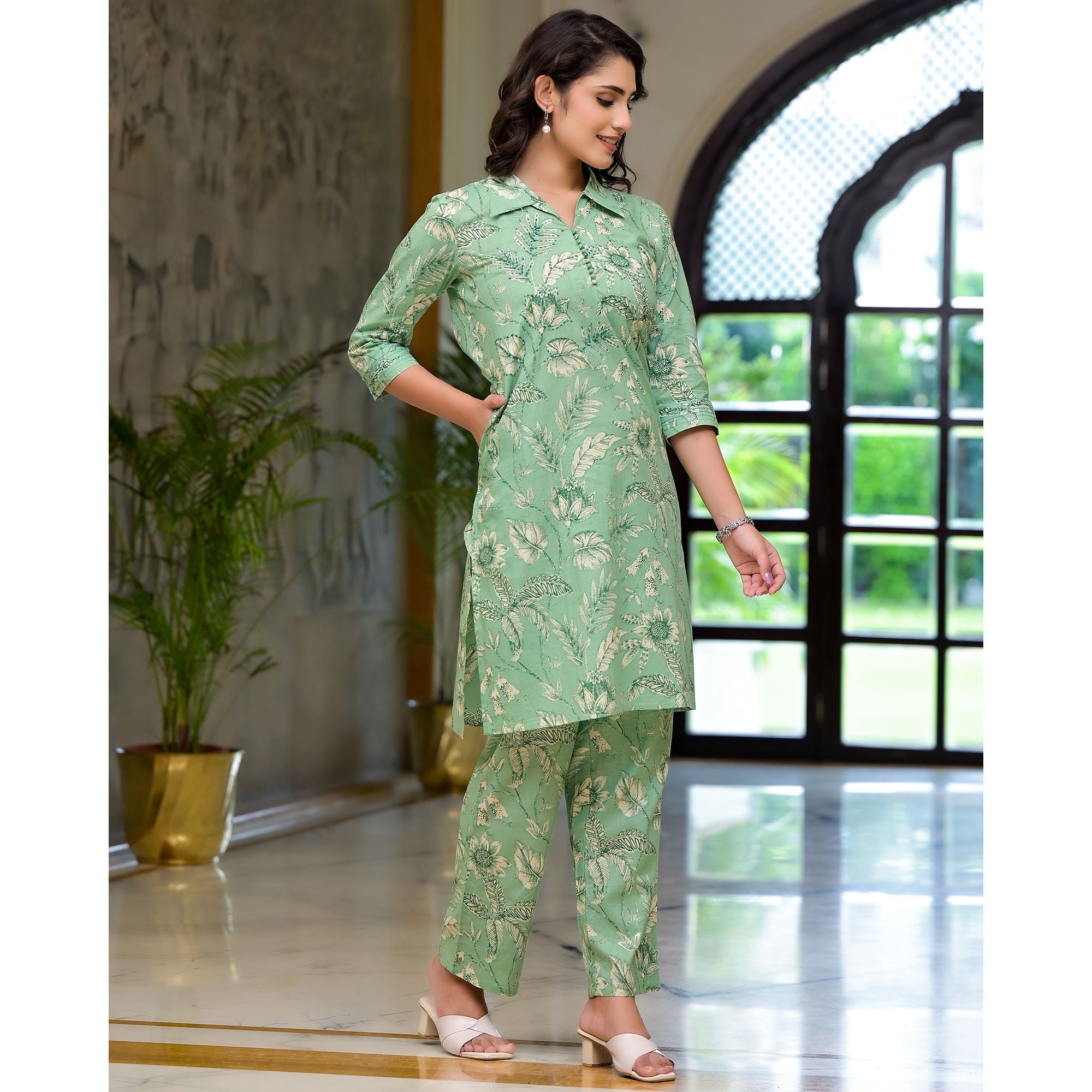 BlackTree green-floral-printed-pure-cotton-co-ord-set - view 5