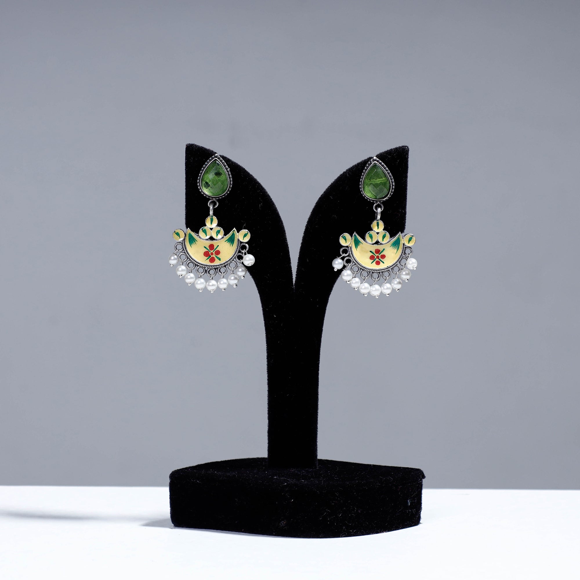 WHITE RIVER STORIES Antique Silver Finish Oxidised Brass Base Enamel & Stone Work Earrings