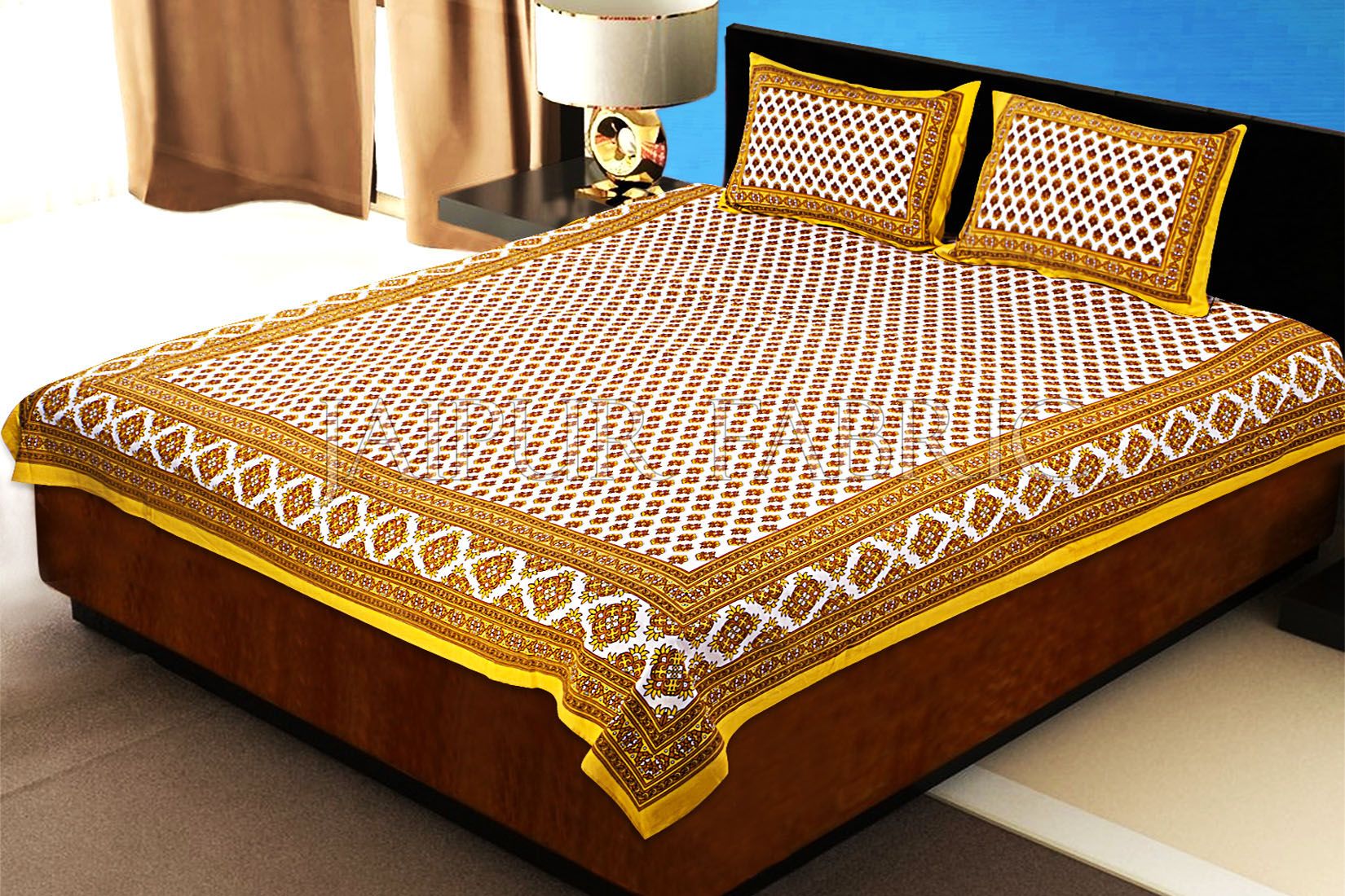 JaipurFabric® Yellow Tropical Print Cotton Double Bed Sheet