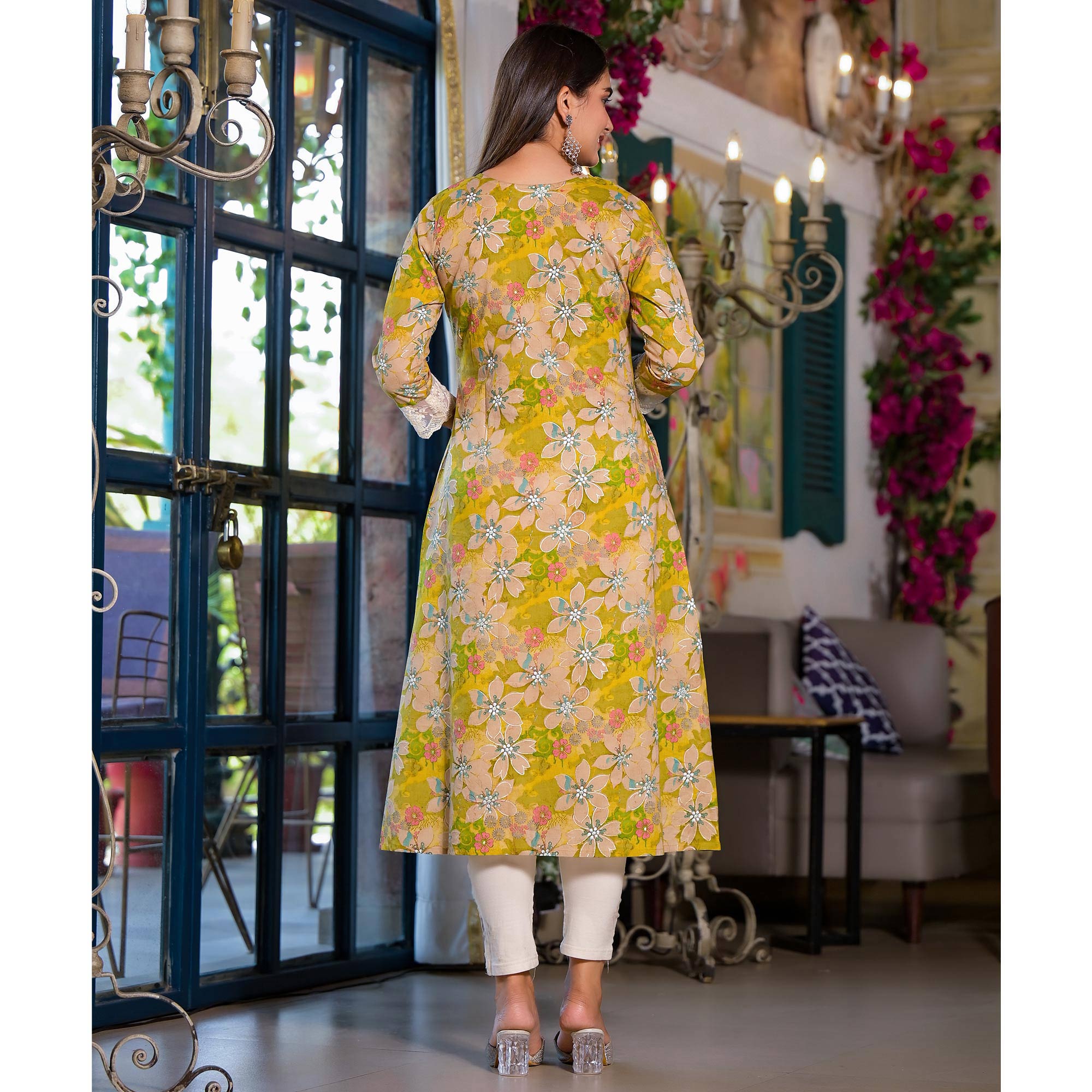 Peachmode Dark Lemon Green Floral Printed Giza Cotton Maxi Dress - view 7