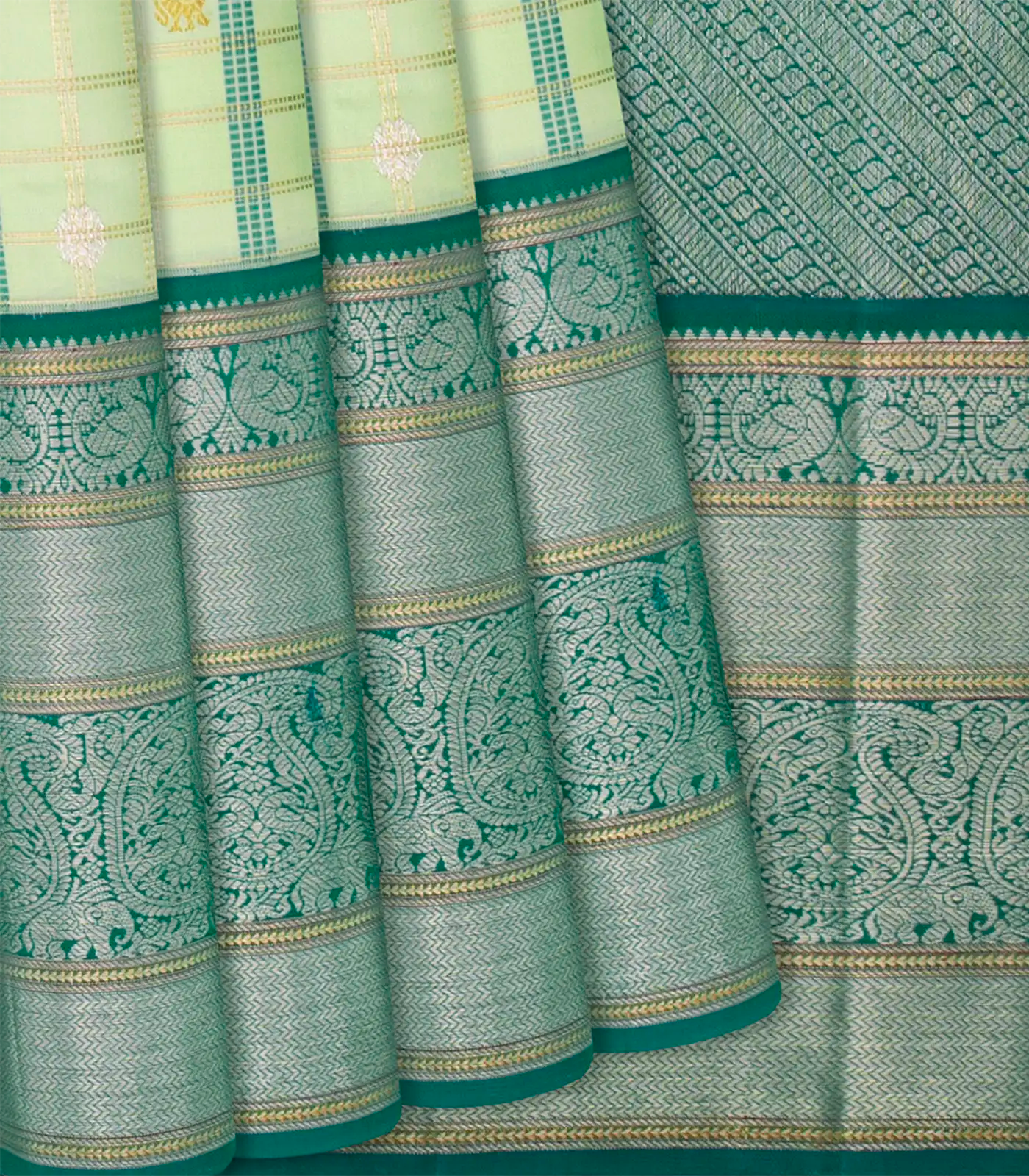 RmKV Light Green Handloom Kanchipuram Korvai Silk Saree With Annam Buttas & Checks-Light Green
