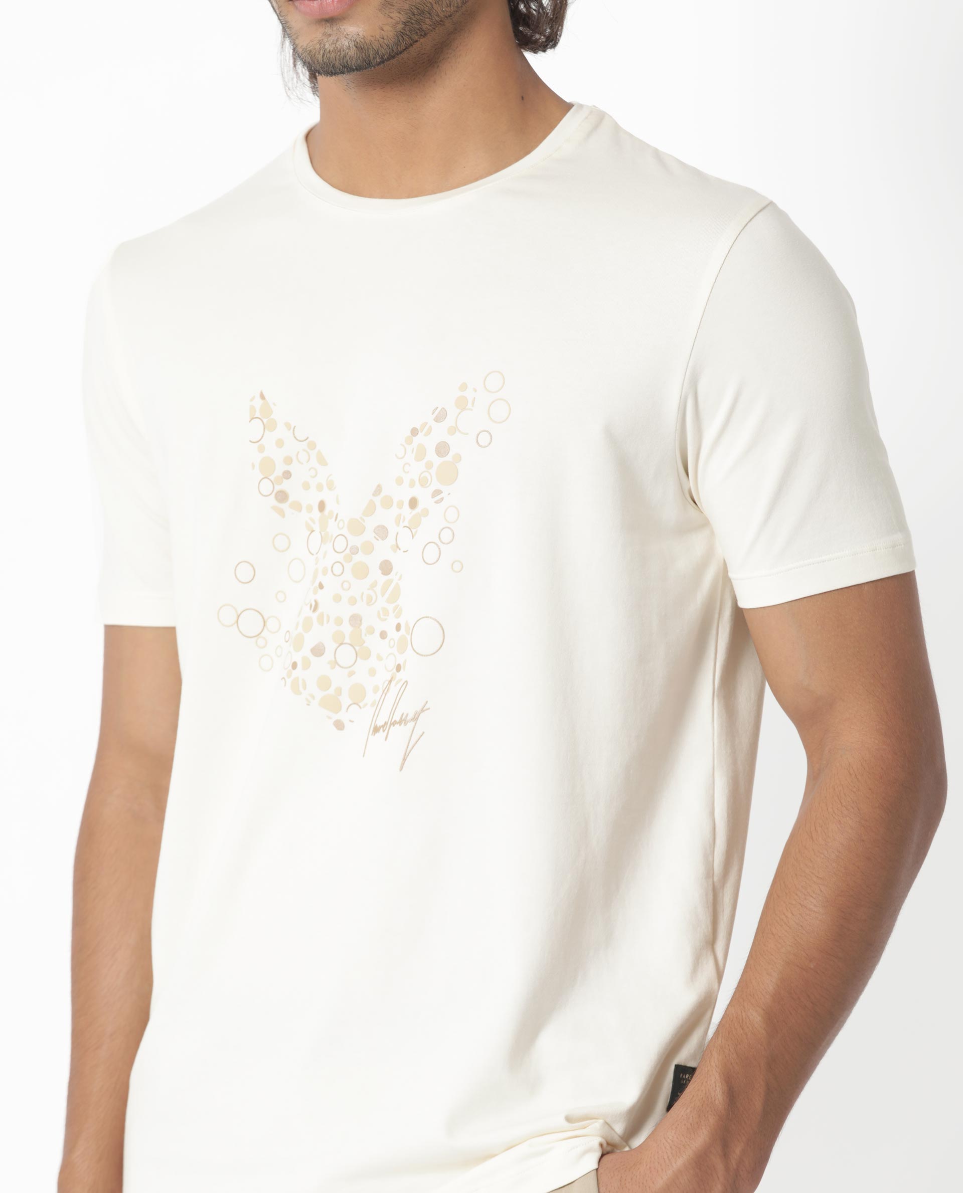 Rare Rabbit Men's Kerwin Beige Crew Neck HD Print Logo on Chest Half Sleeves Regular Fit T-Shirt - view 5