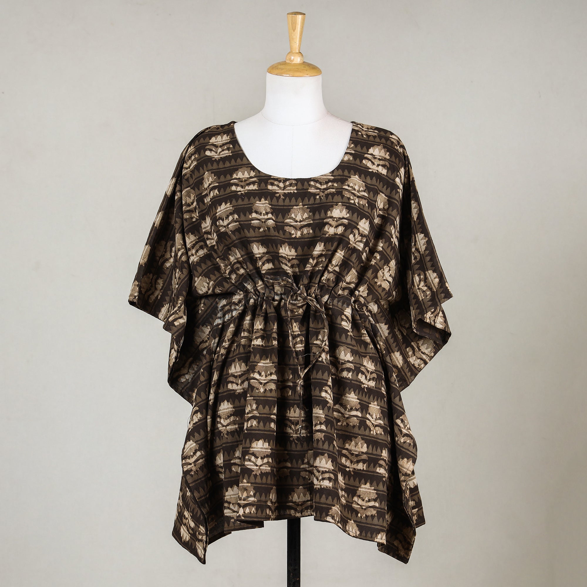 ITOKRI CASUALS Brown - Akola Block Printed Cotton Kaftan with Tie-Up Waist (Short)