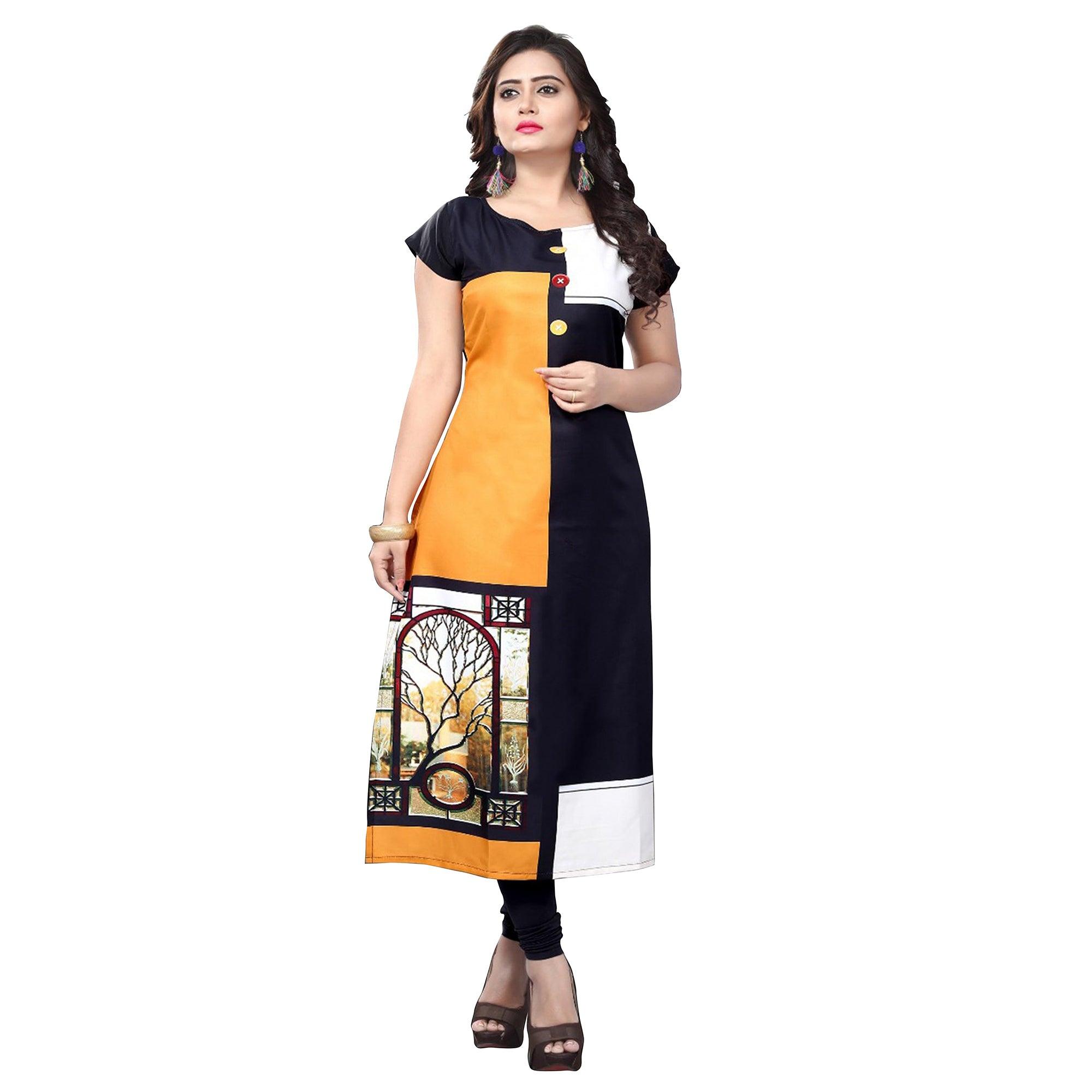 Peachmode Seller Ideal Black Yellow Colored Casual Printed Crepe Kurti