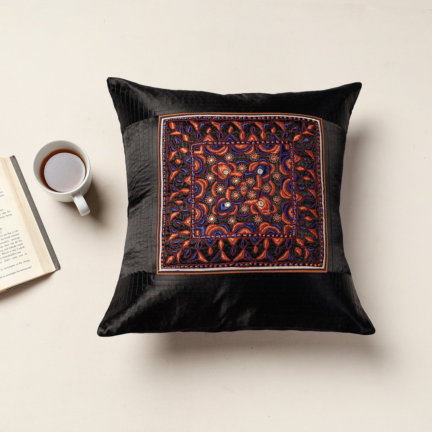 QASAB Black - Kutch Pakko Bherni Hand Embroidery Mashru Silk Cushion Cover (15.5 x 15.5 in)