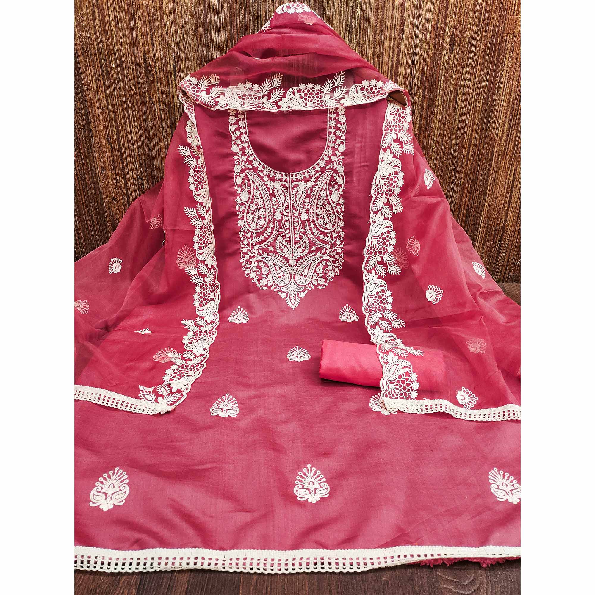 Peachmode Gajri Pink Floral Embroidered Viscose Dress Material - view 3