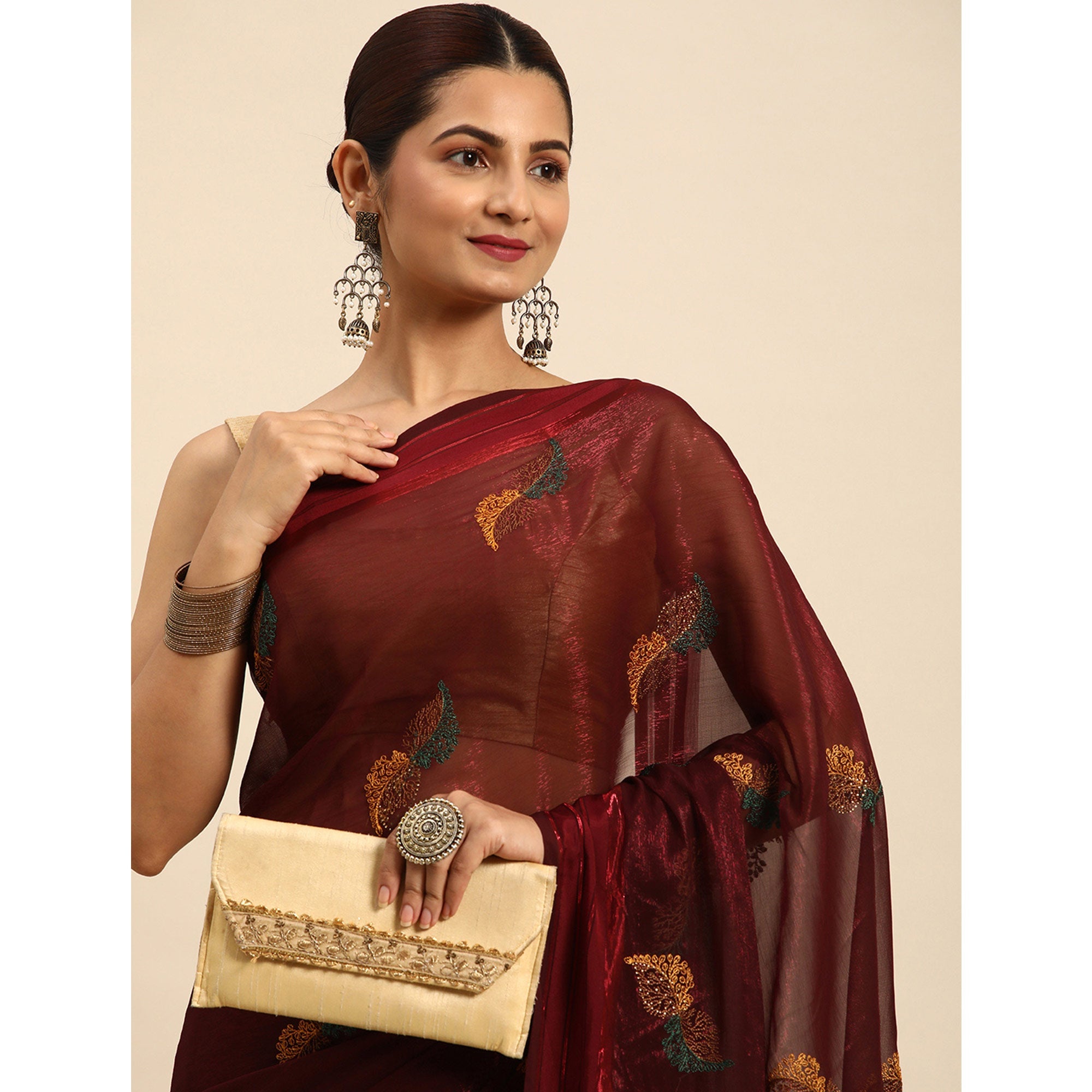 Peachmode Maroon Swarovski With Embroidery Work Chiffon Saree - view 5