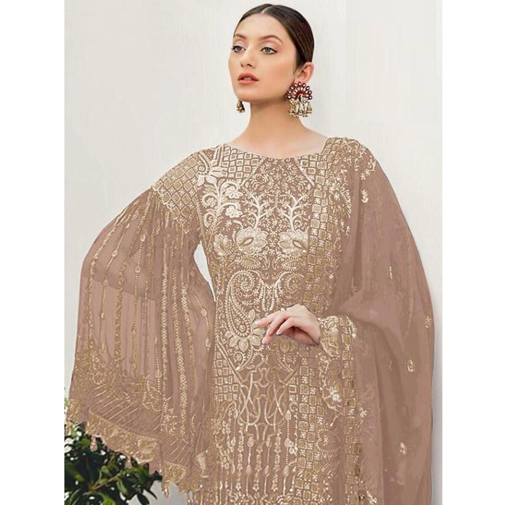 Peachmode Brown Partywear Embroidered Georgette Pakistani Suit - view 3
