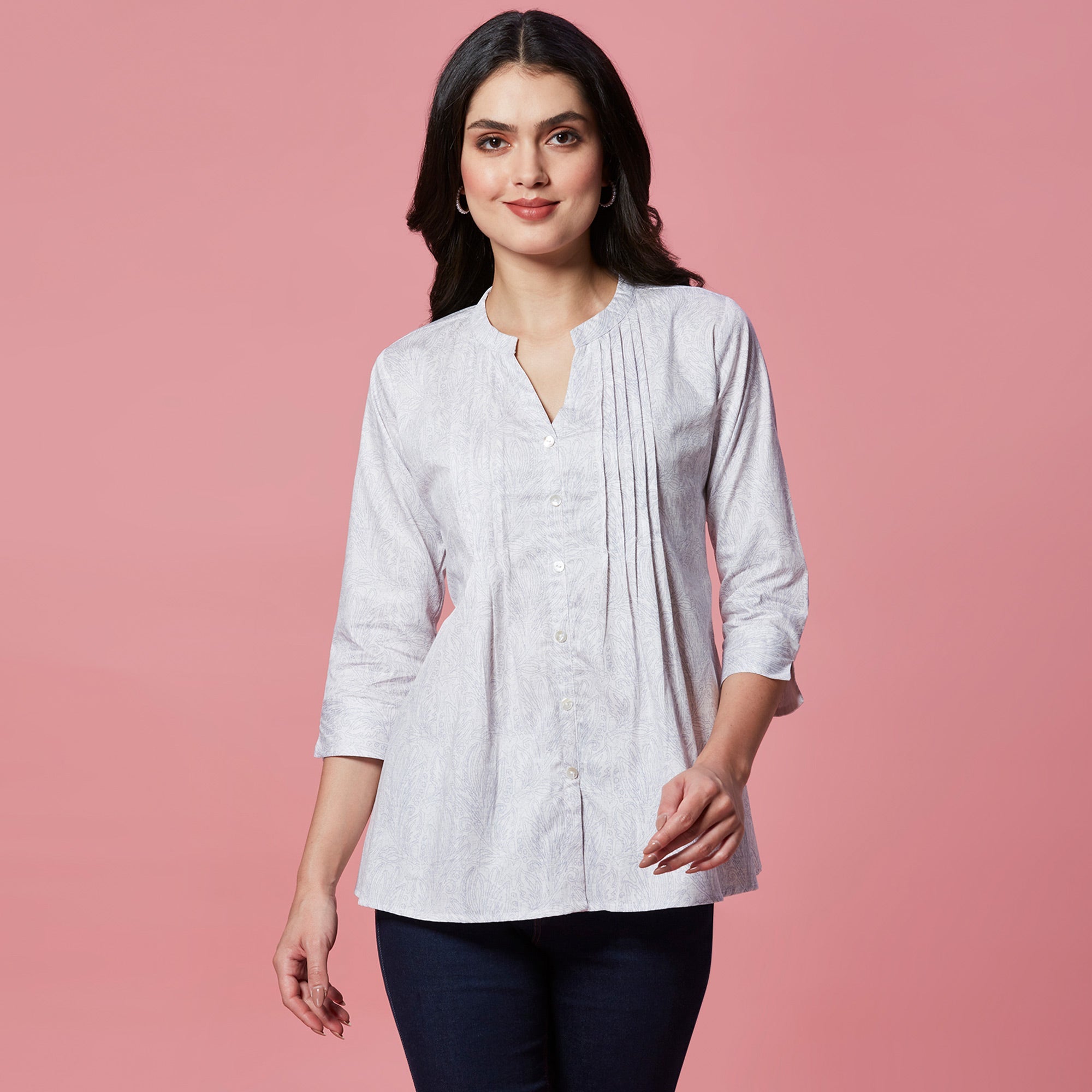 Peachmode White Printed Pure Cotton A-Line Top