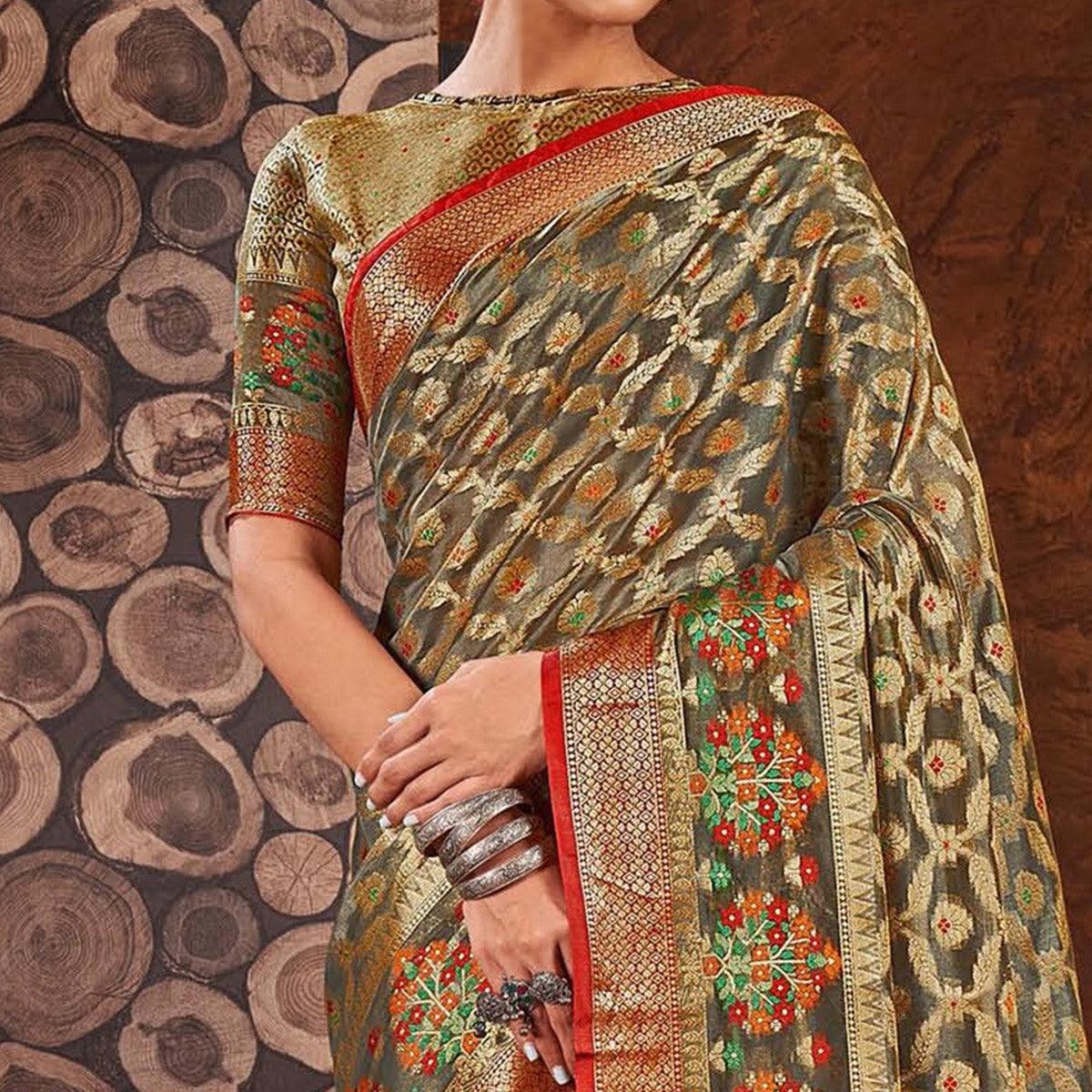 Peachmode Grey Woven Organza Saree With Tassels - view 2