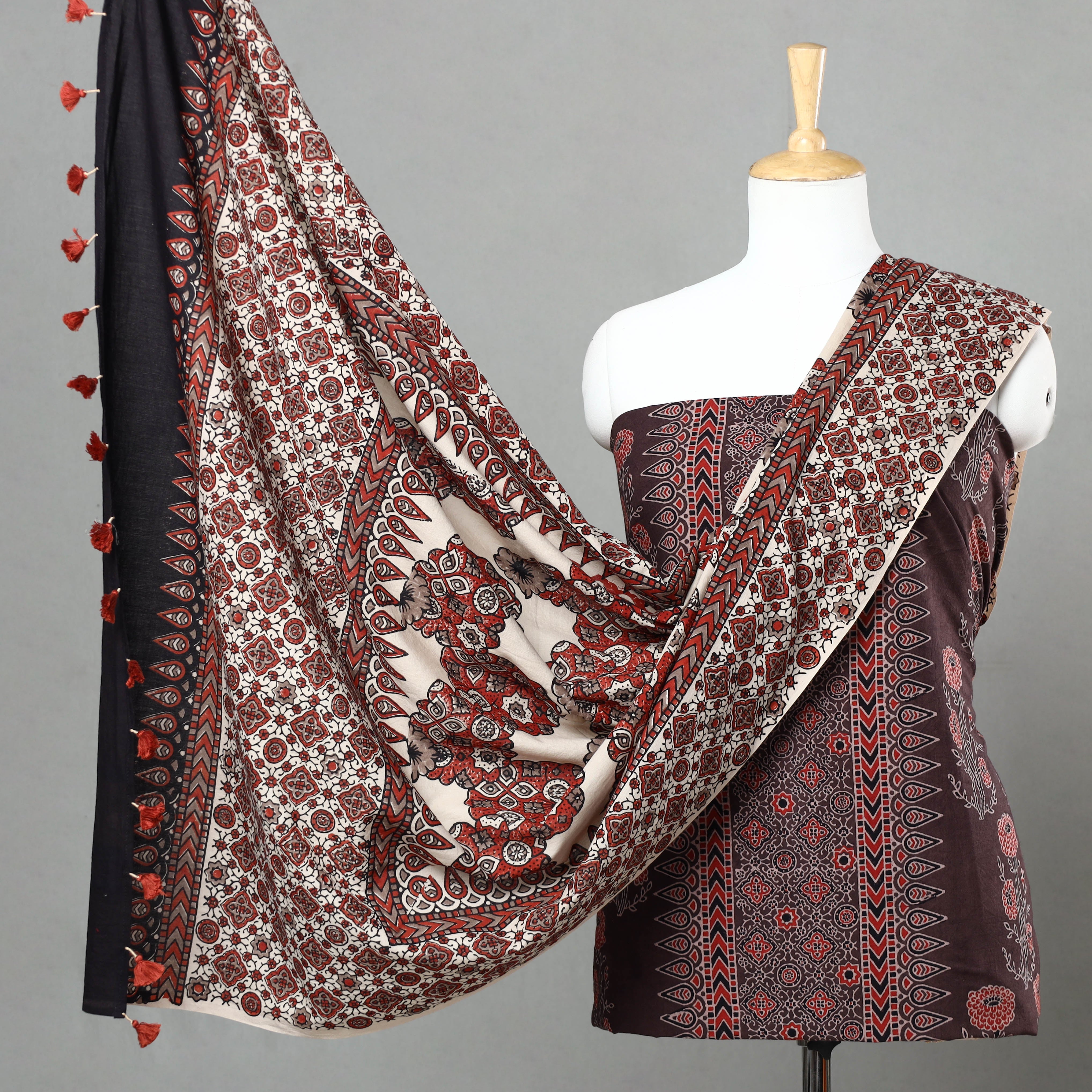 AJRAKH BY JABBAR KHATRI Brown - 3pc Ajrakh Block Printed Natural Dyed Cotton Suit Material Set 05