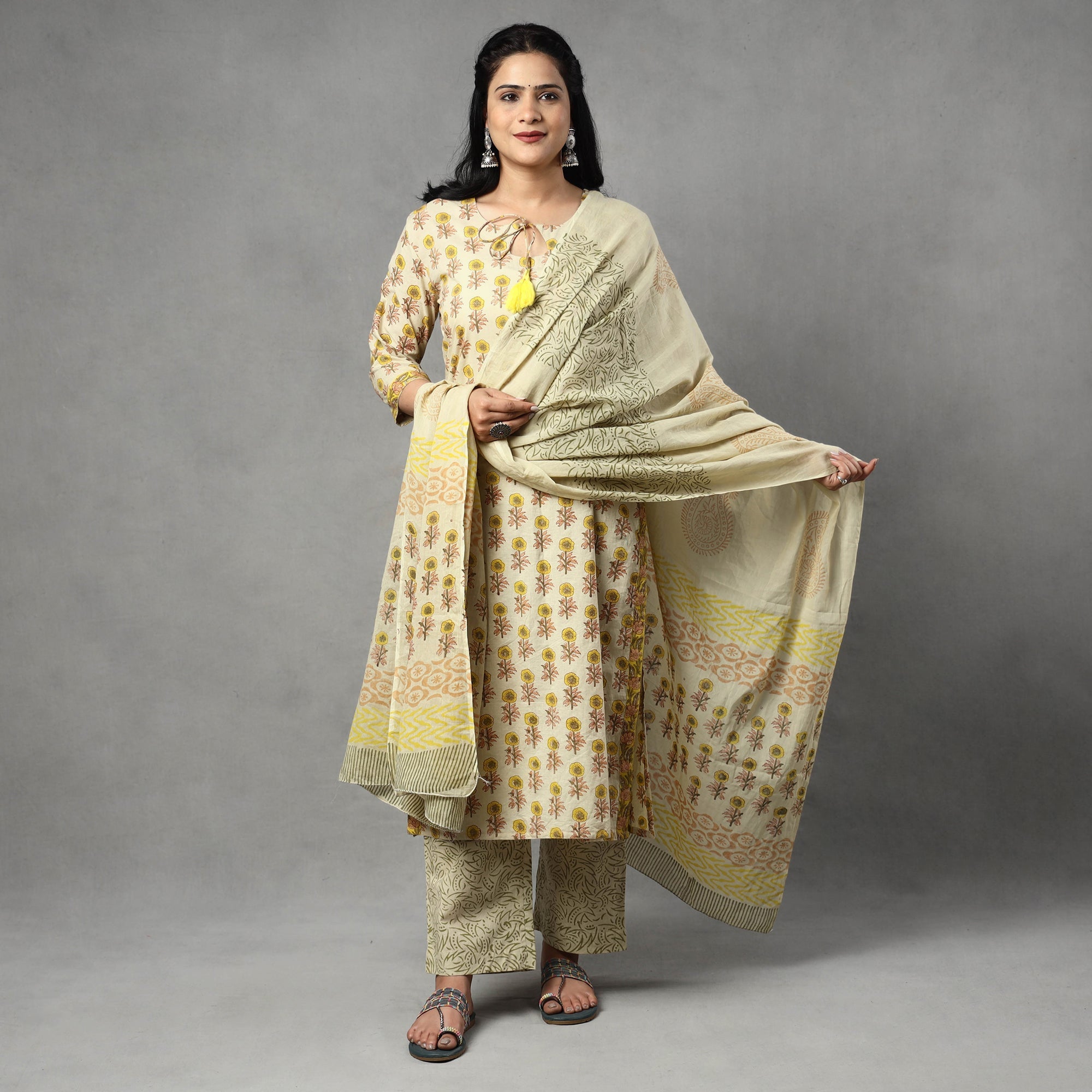 ITOKRI CASUALS Beige - Sanganeri Block Printing Cotton Kurta with Palazzo & Dupatta Set