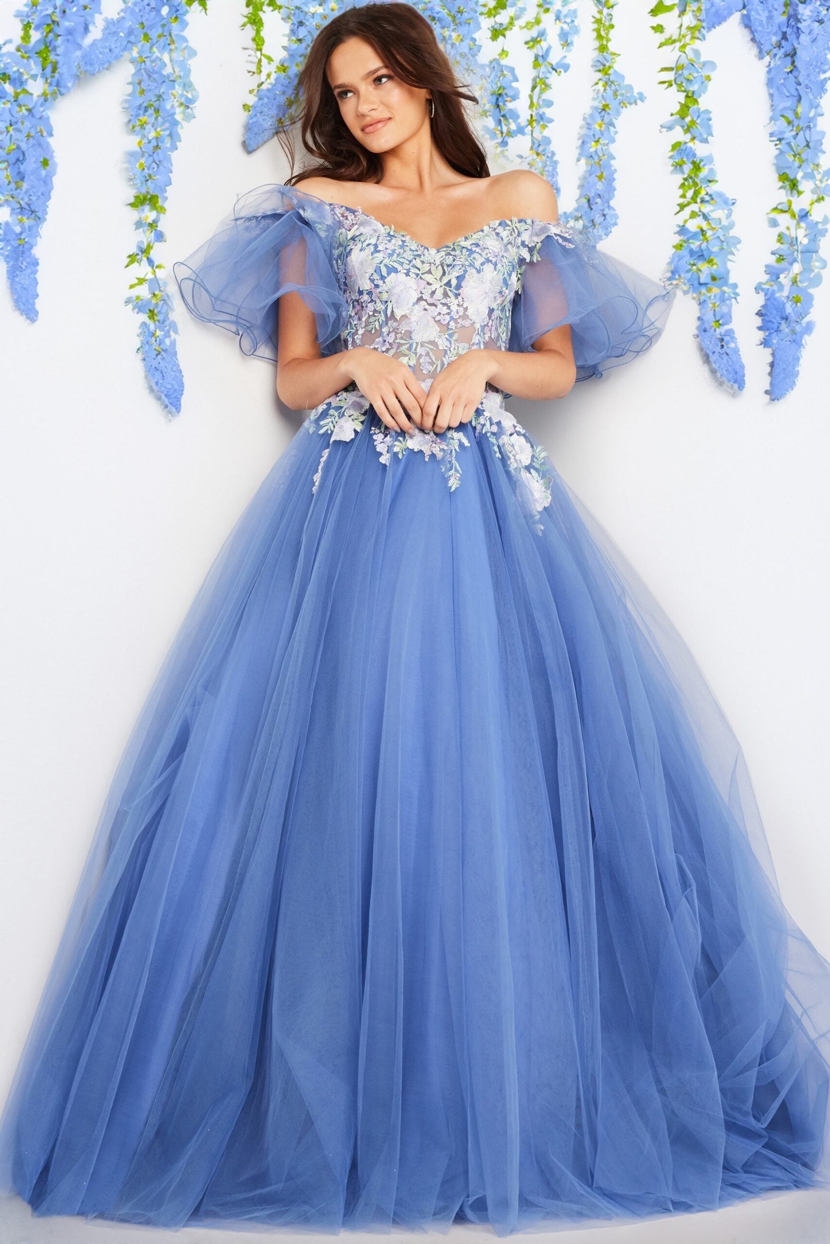Tulle Short Sleeve A-line Gown by Jovani 24575 - view 3
