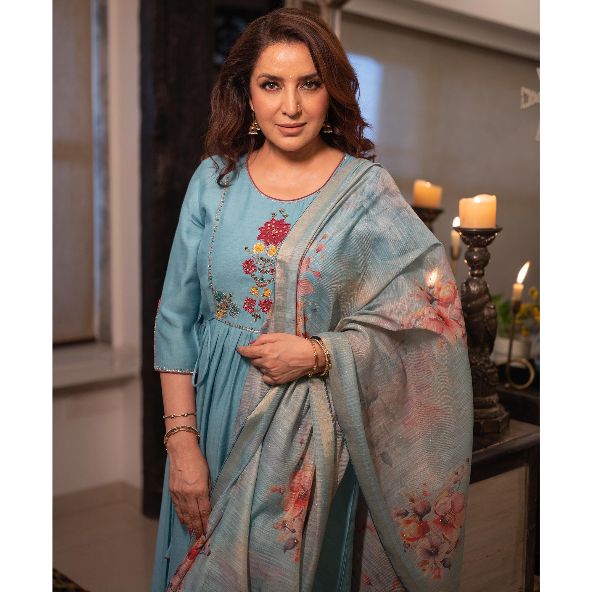 Peachmode Sky Blue Neck Embroidered Viscose A-Line Salwar Suit - view 5