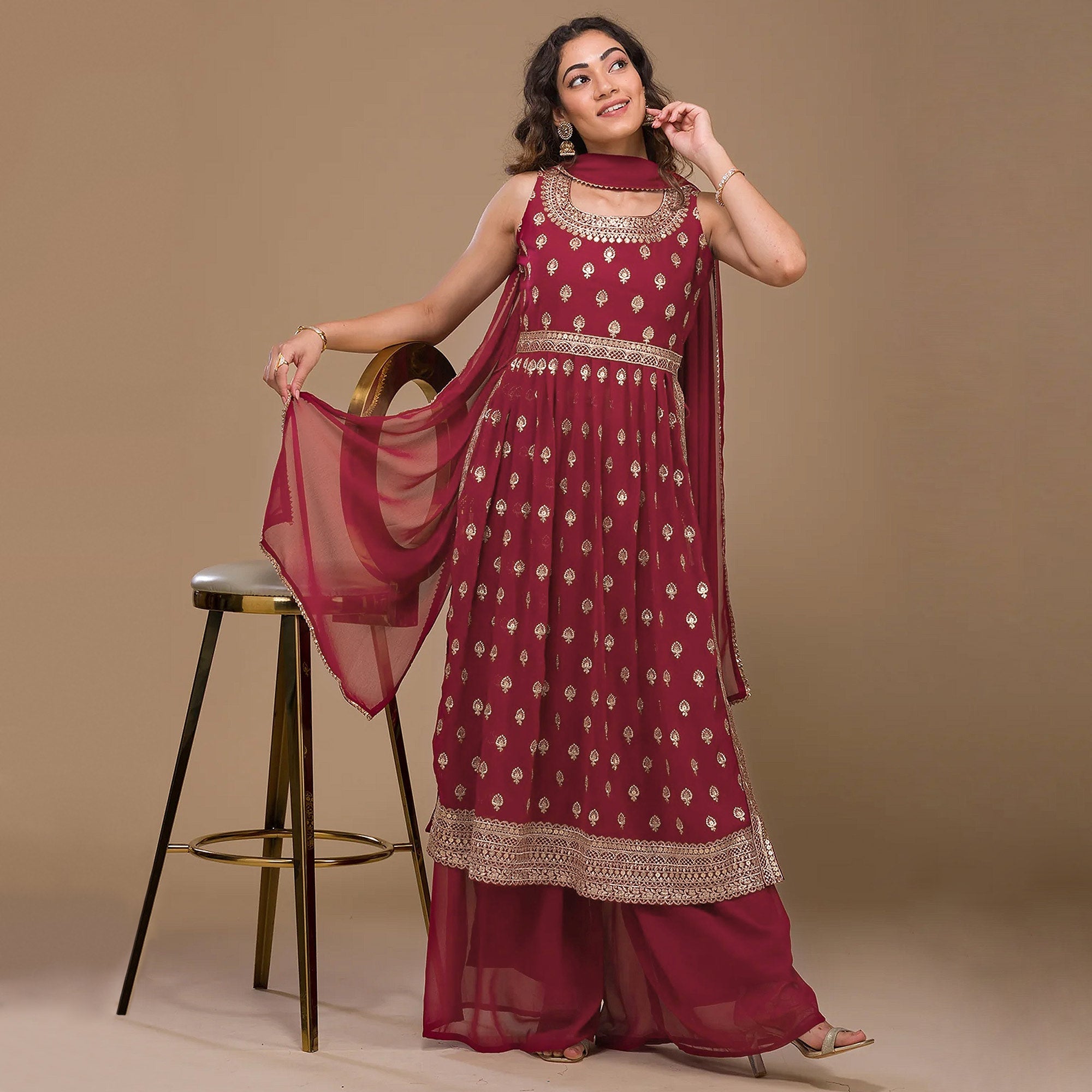 Peachmode Maroon Sequins Embroidered Georgette Naira Cut Semi Stitched Suit