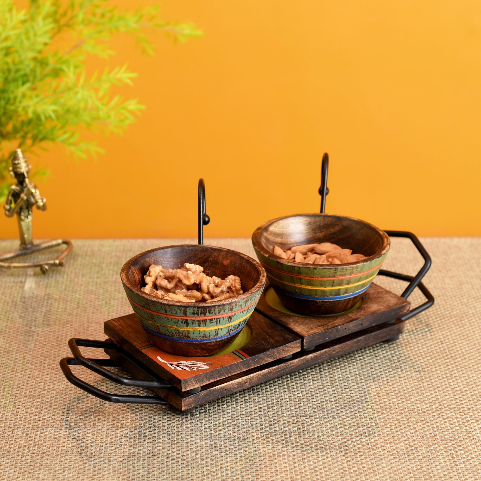 ART CREATIONS BY SUMAN SONTHALIA Brown - Hook-ed Snack Bowl with Square Tray Two Sets with One Holding Tray (6.5x4x4.5/13.5x4.5)