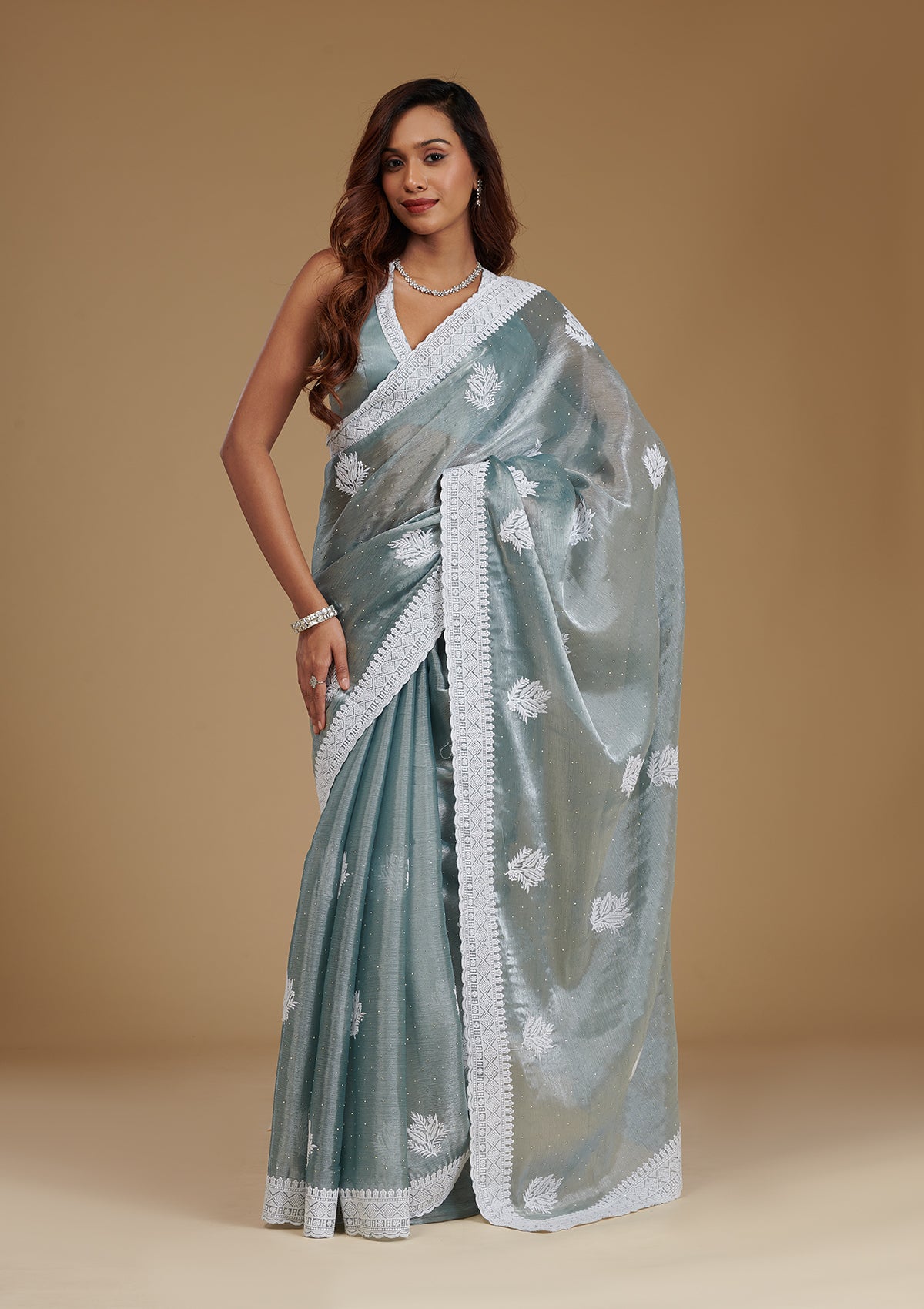 Koskii Grey Threadwork Satin Saree – Women's