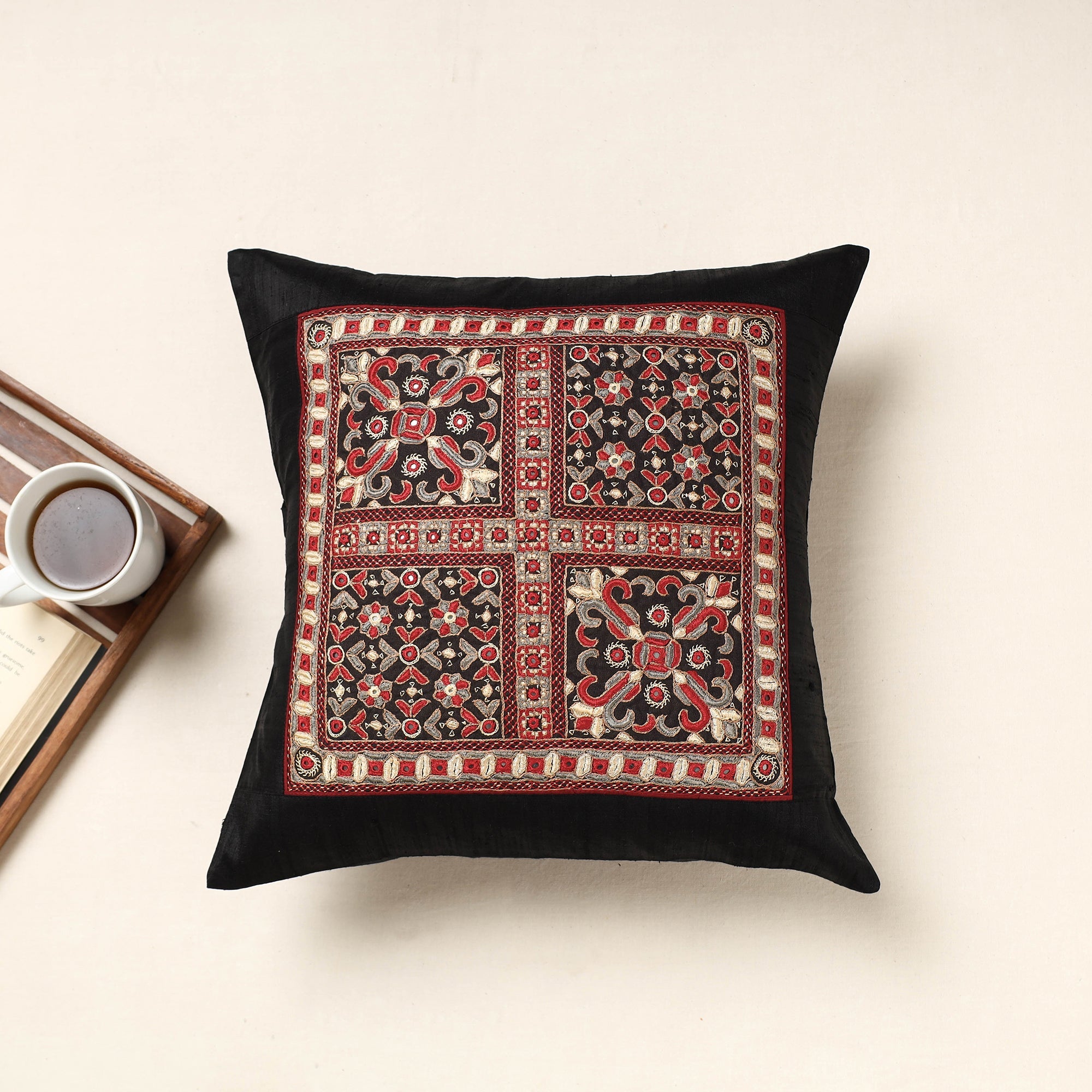 QASAB Black - Kutch Pakko Hand Embroidery Silk Cushion Cover (16 x 16 in)