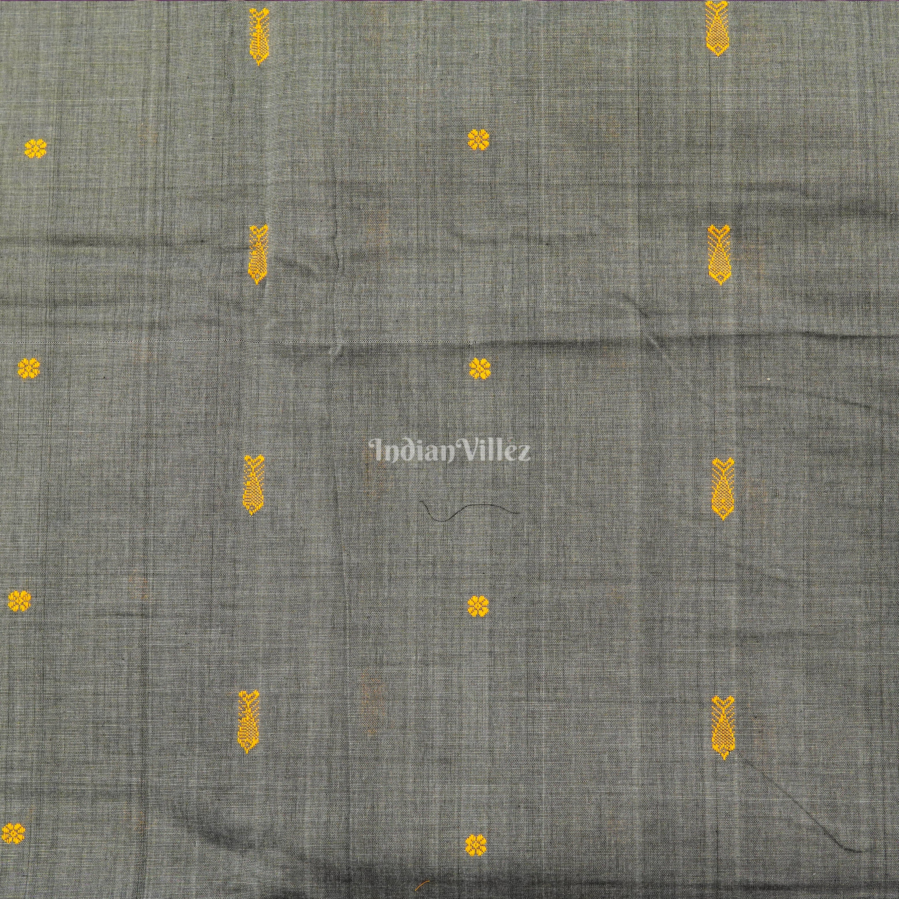 IndianVillèz Dark Grey Fish & Flower Motif Bomkai Cotton Fabric - view 2