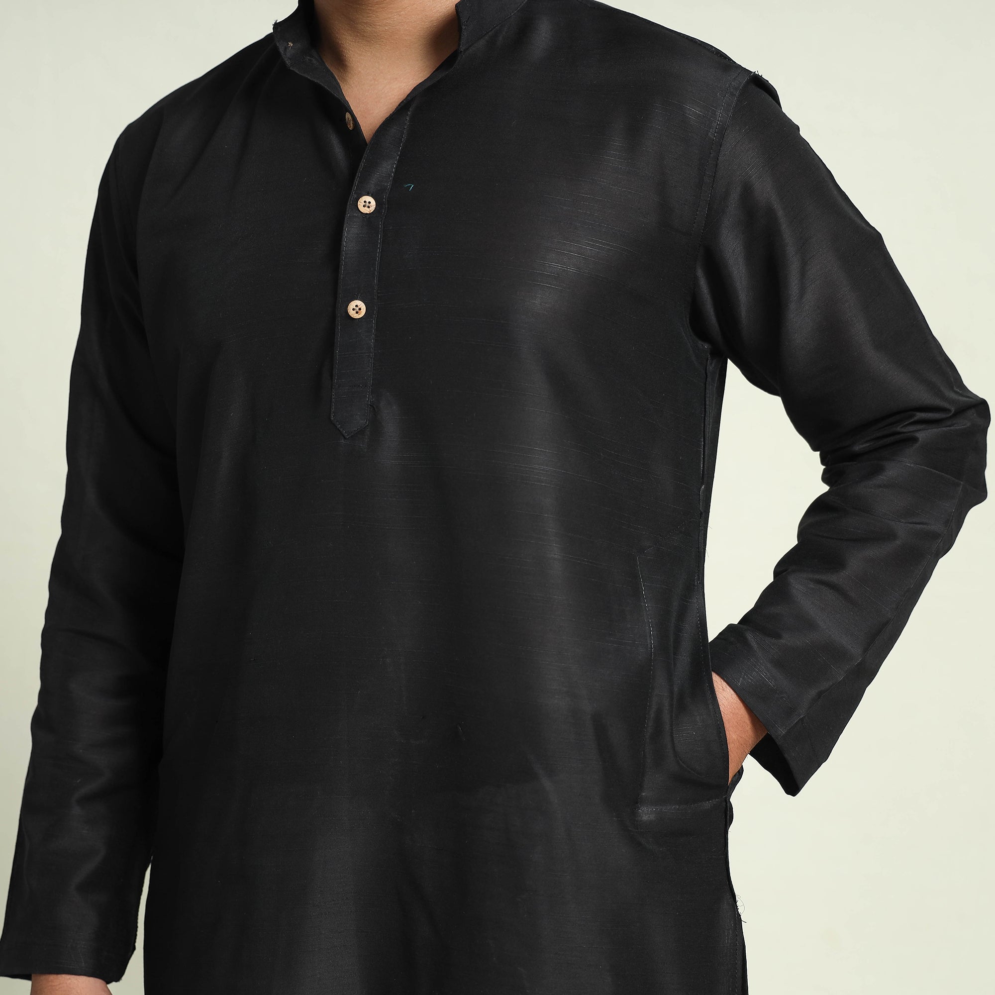 ITOKRI CASUALS Black - Plain Dyed Slub Silk Men Long Kurta - view 4