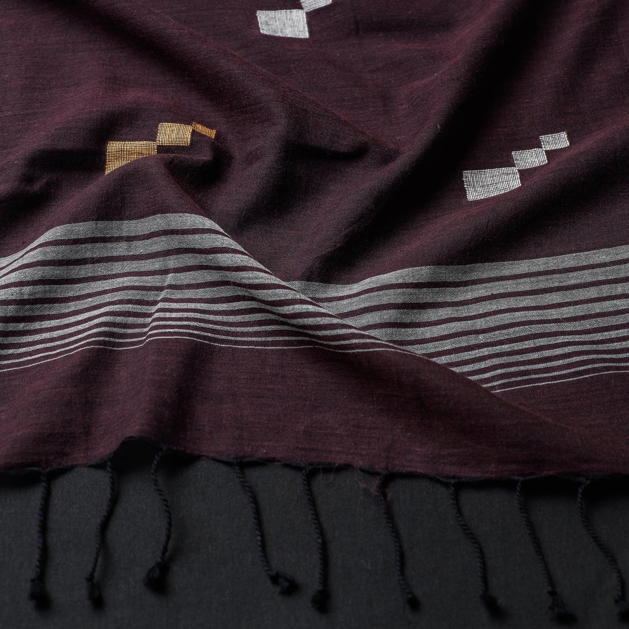 SASHA Brown - Phulia Bengal Handloom Cotton Stole with Tassels - view 2