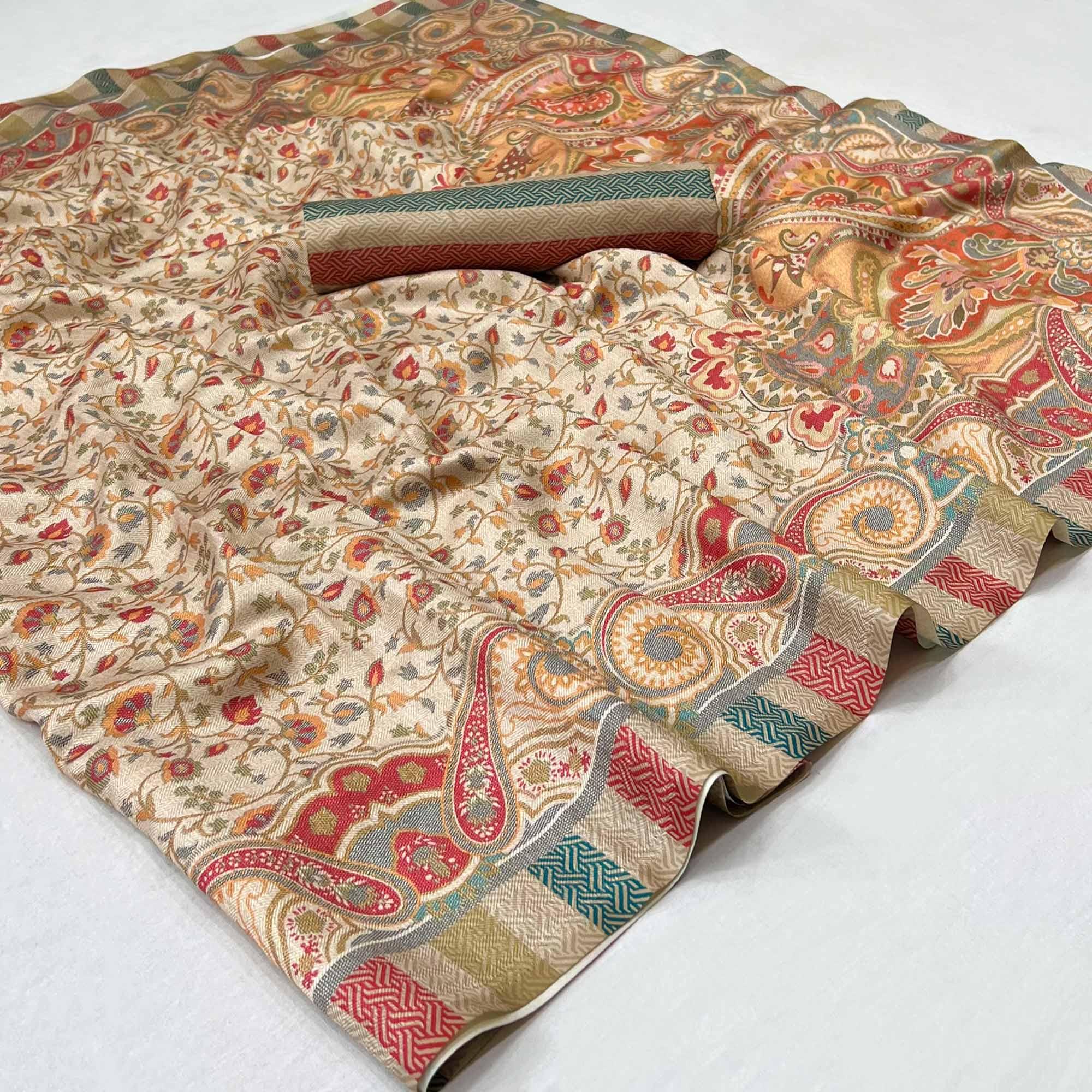 Peachmode Cream Digital Printed Pashmina Saree