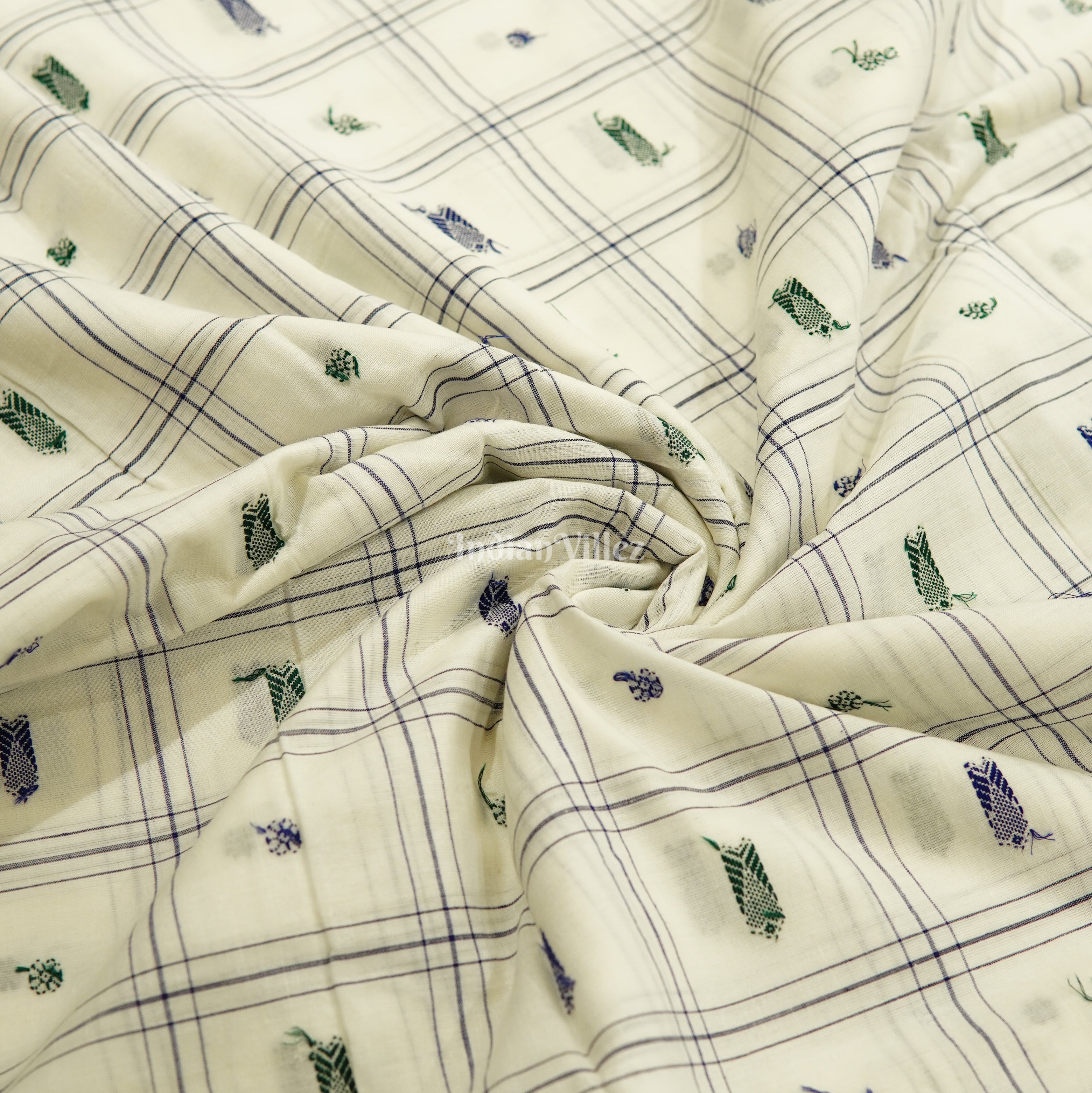 IndianVillèz White Fish & Flower Motif Bomkai Cotton Fabric