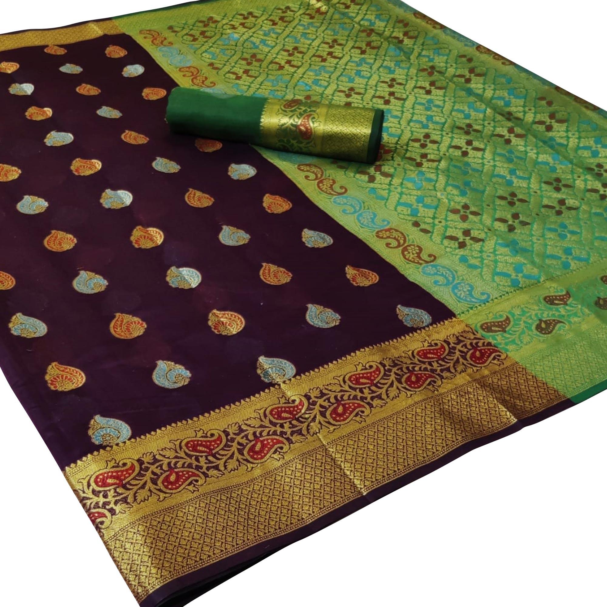 Peachmode Lovely Dark Purple Colored Festive Wear Woven Cotton Saree