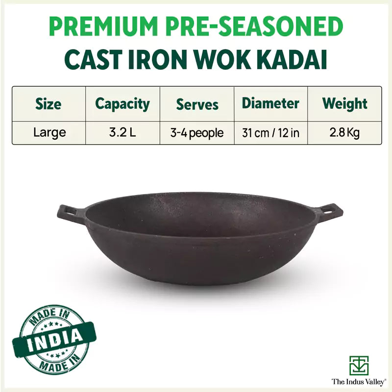 The Indus Valley CASTrong Cast Iron Wok Kadai, Pre-seasoned, 100% Pure, Toxin-free, 31cm, 3.2L, 2.8kg - view 3
