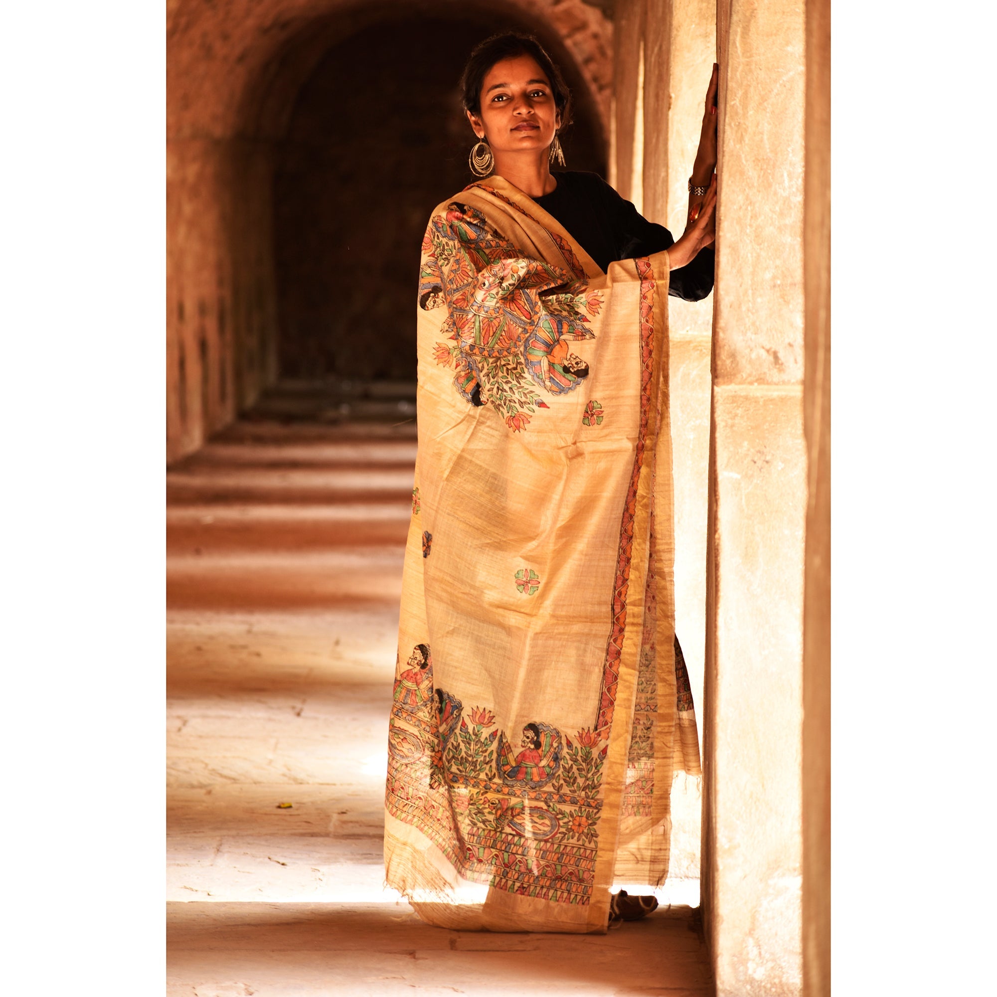 Beige - Diorama Designs Zari Border Tussar Silk Dupatta - view 3