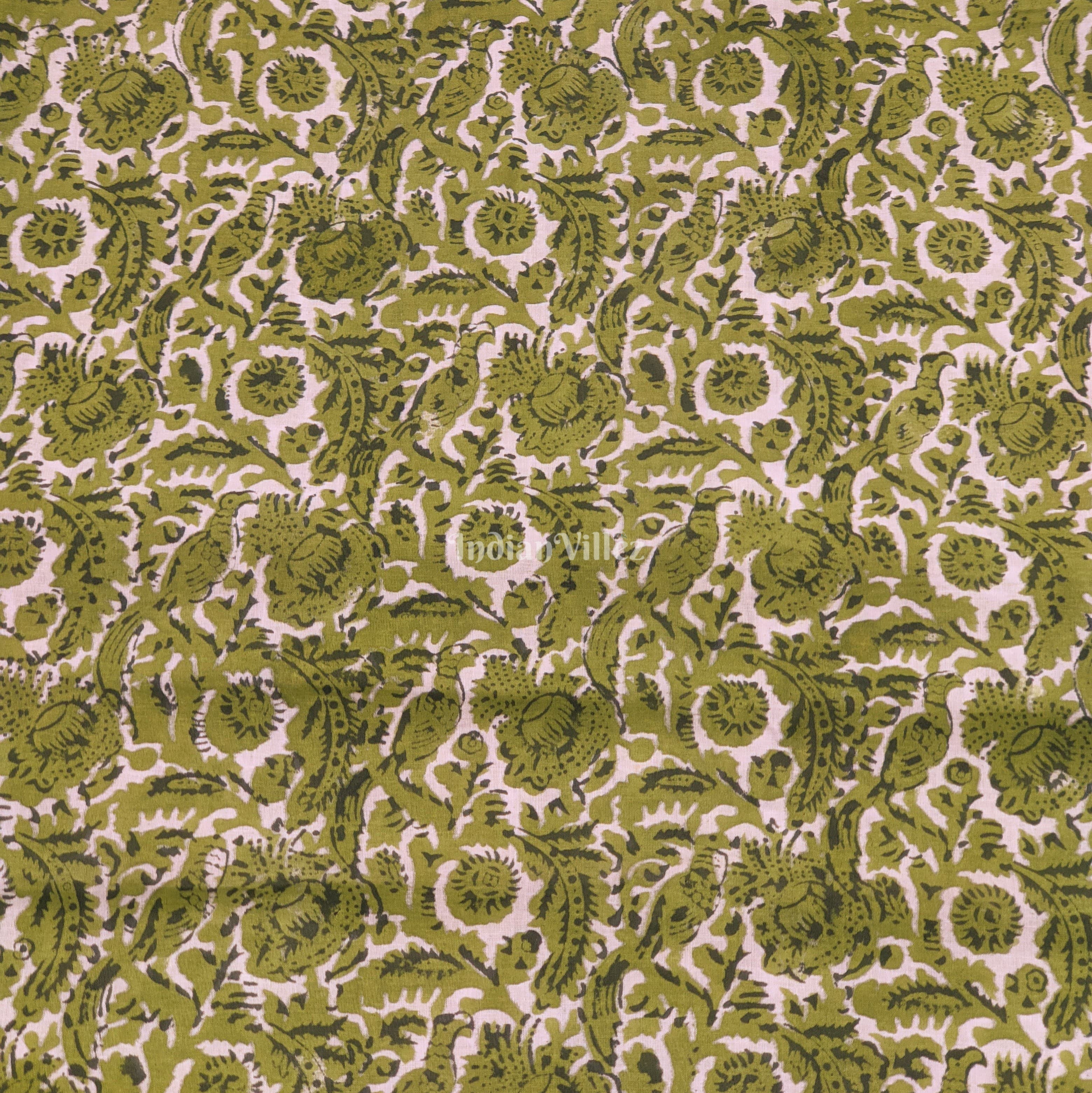 IndianVillèz Green Floral Hand Block Printed Cotton Fabric - view 2