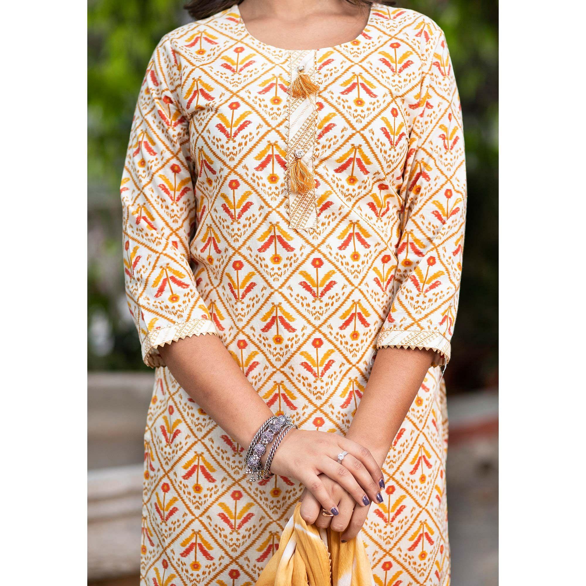Peachmode Cream Floral Printed Pure Cotton Kurti Pant Set With Dupatta - view 5