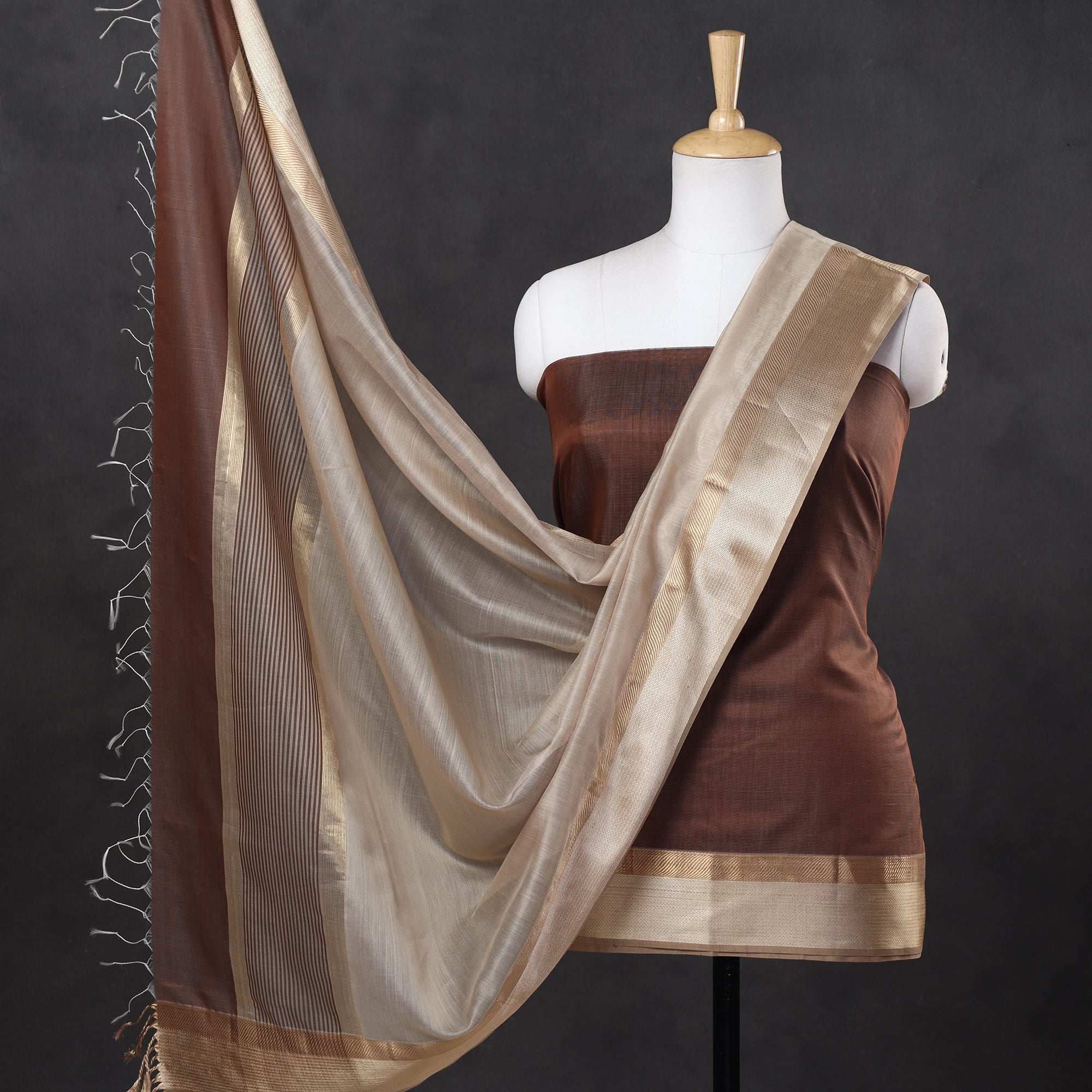 ITOKRI CRAFTS INITIATIVE Brown - 2pc Maheshwari Silk Handloom Suit Material Set with Resham Zari Border