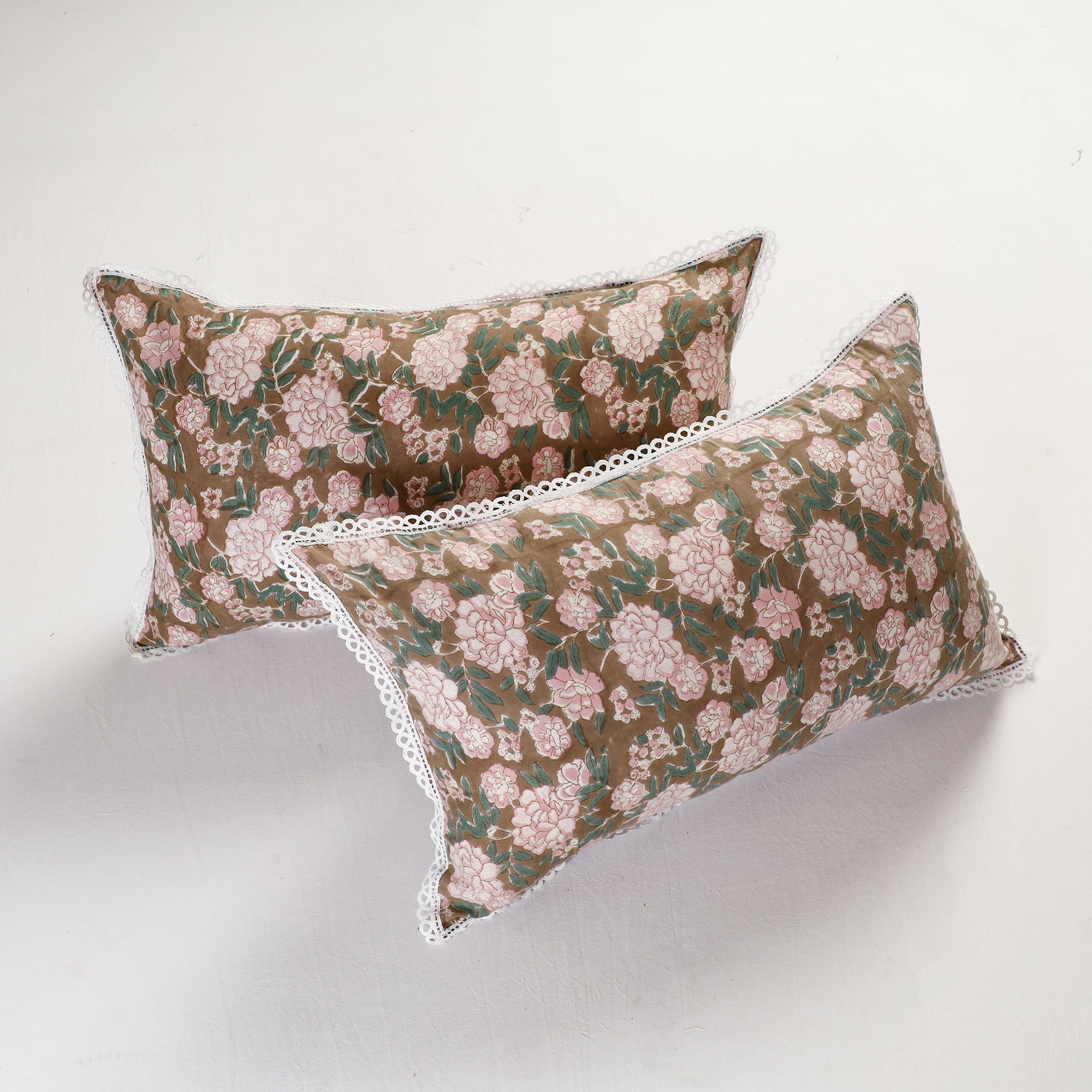 HAVELI CHRONICLES Brown - Sanganeri Block Printed Cotton Pillow Cover with Lace (26 x 16 in) - Set of 2