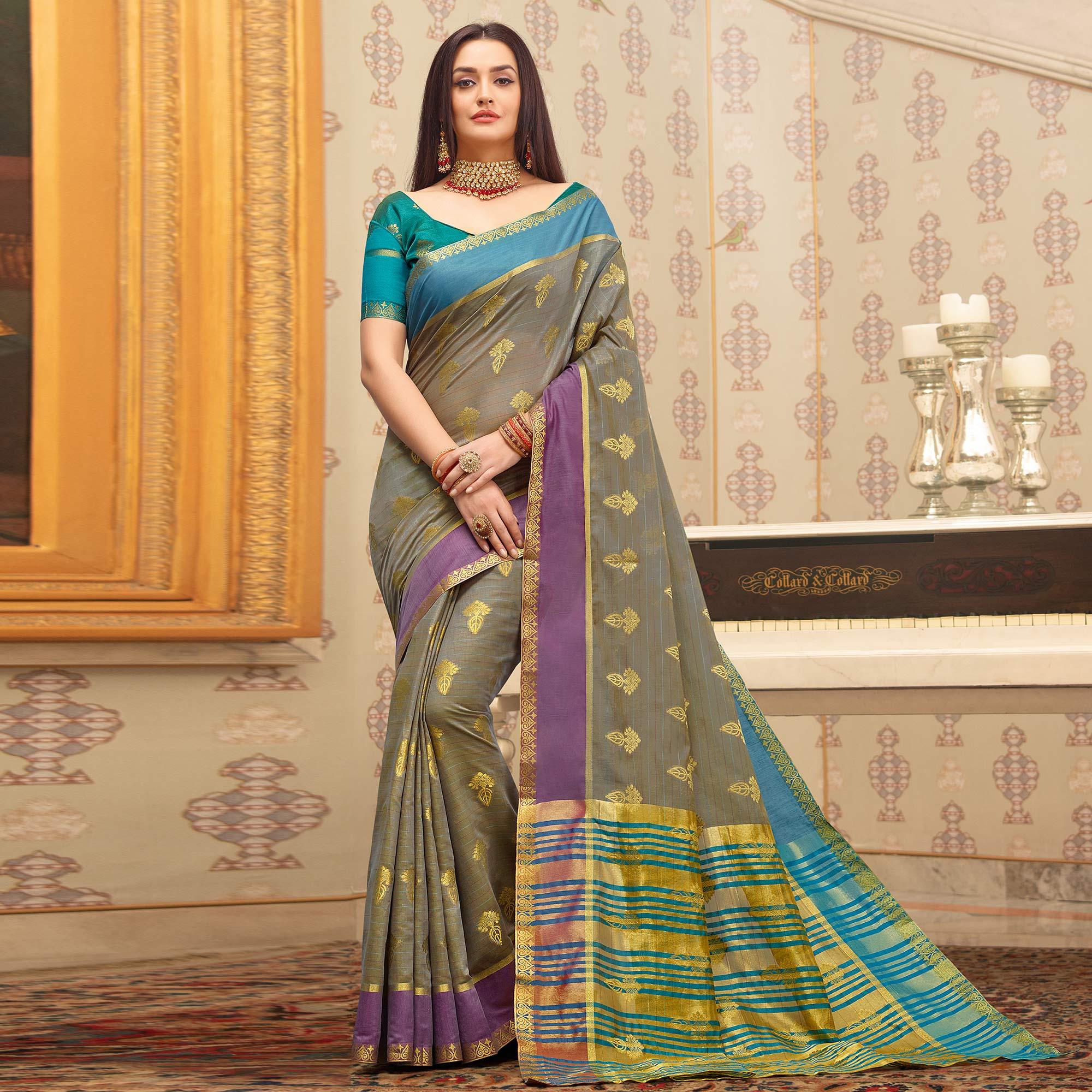 Peachmode Magnetic Grey Colored Festive Wear Woven Cotton Handloom Saree