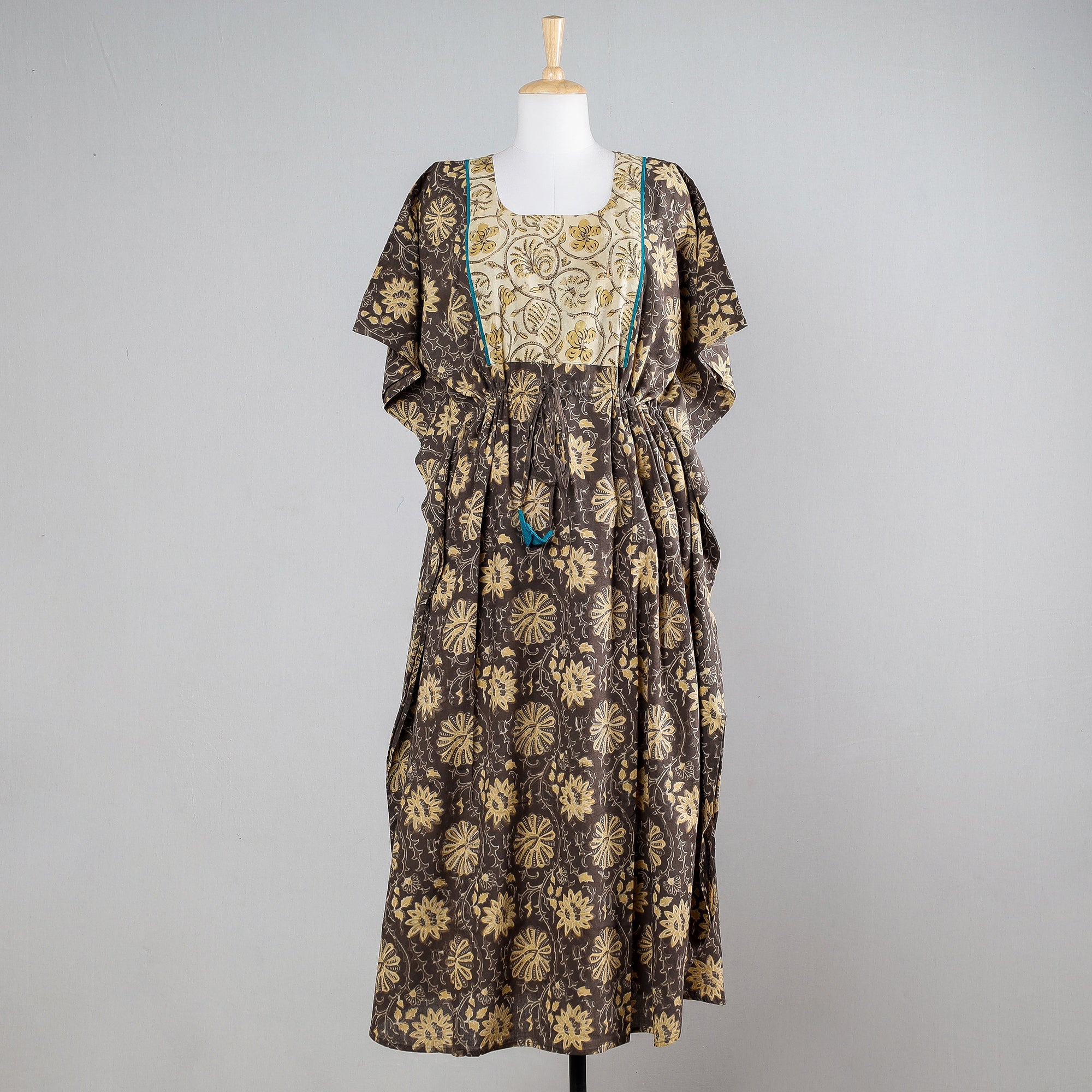 THE SAFFRON SAGA Brown - Ajrakh Block Printed Cotton Kaftan with Tie-Up Waist (Long)
