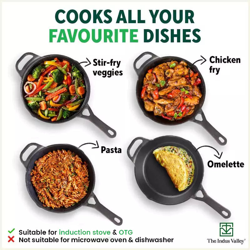The Indus Valley CASTrong Cast Iron Fry Pan/Skillet + Free ₹110 Spatula, Pre-seasoned, Nonstick, 100% Pure, Toxin-free, Induction, 25.4cm, 1.7L, 2.3kg - view 11