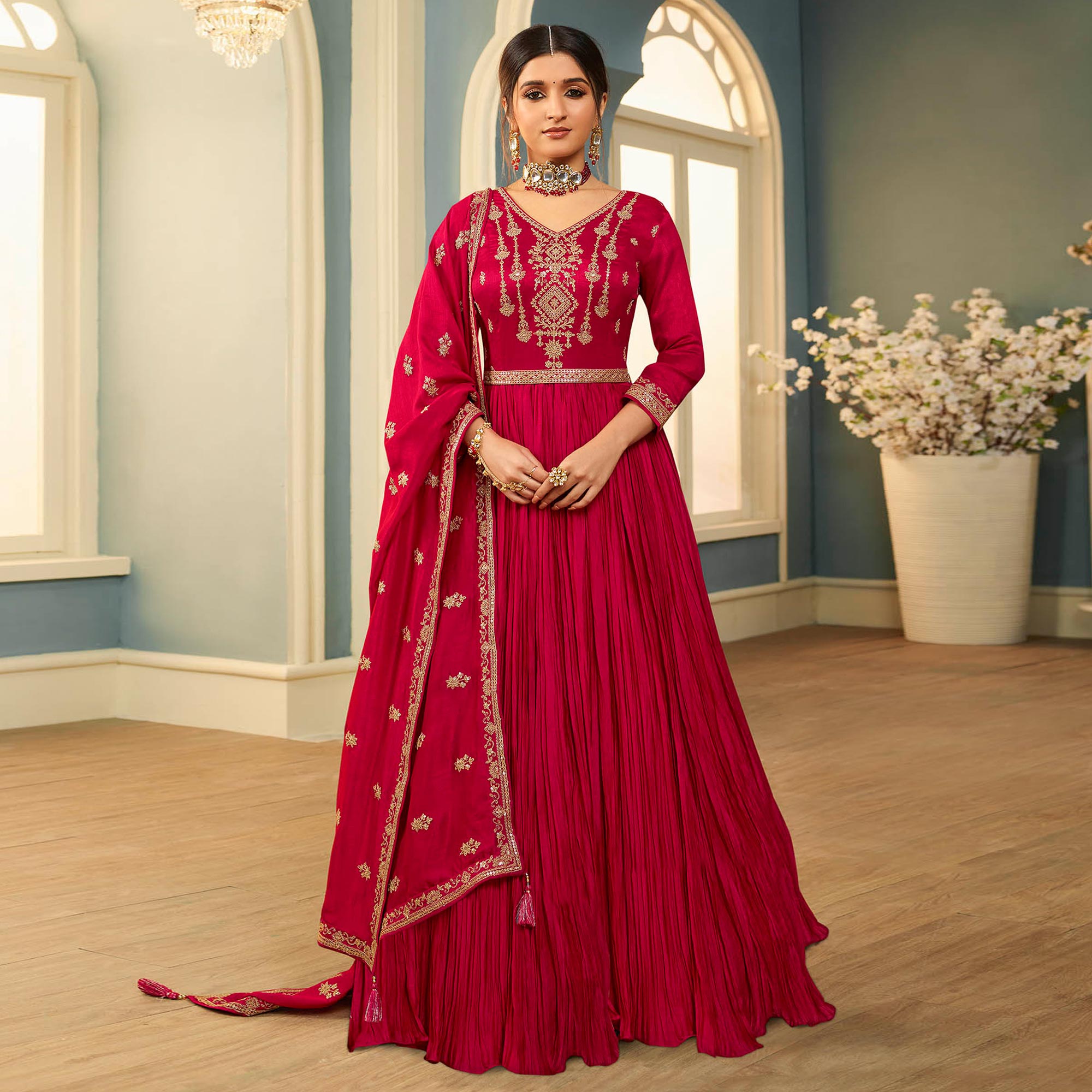 Peachmode Seller Magenta Pink Embroidered Georgette Gown - view 2