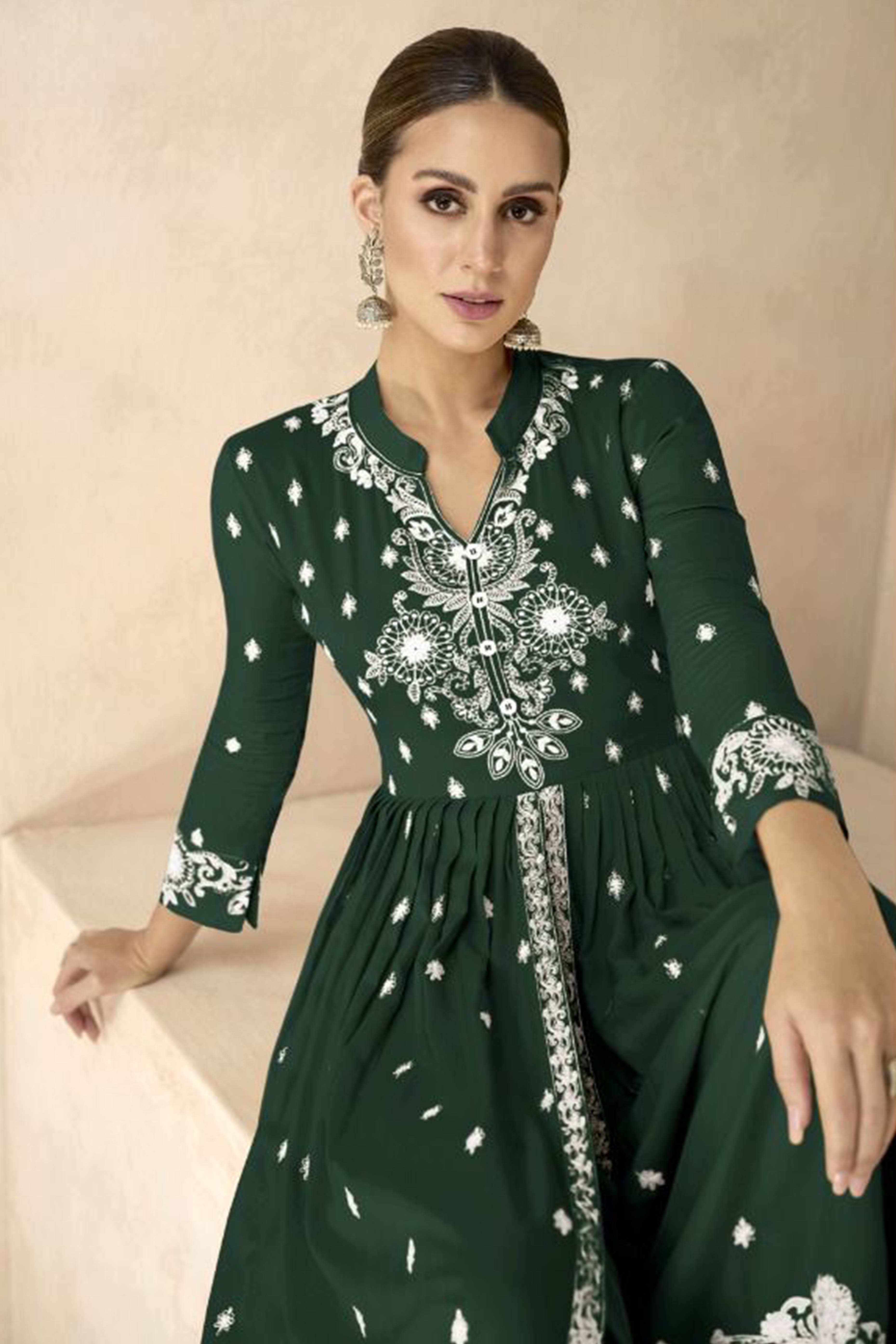 Peachmode Dark Green Floral Embroidered Rayon Palazzo Suit - view 3
